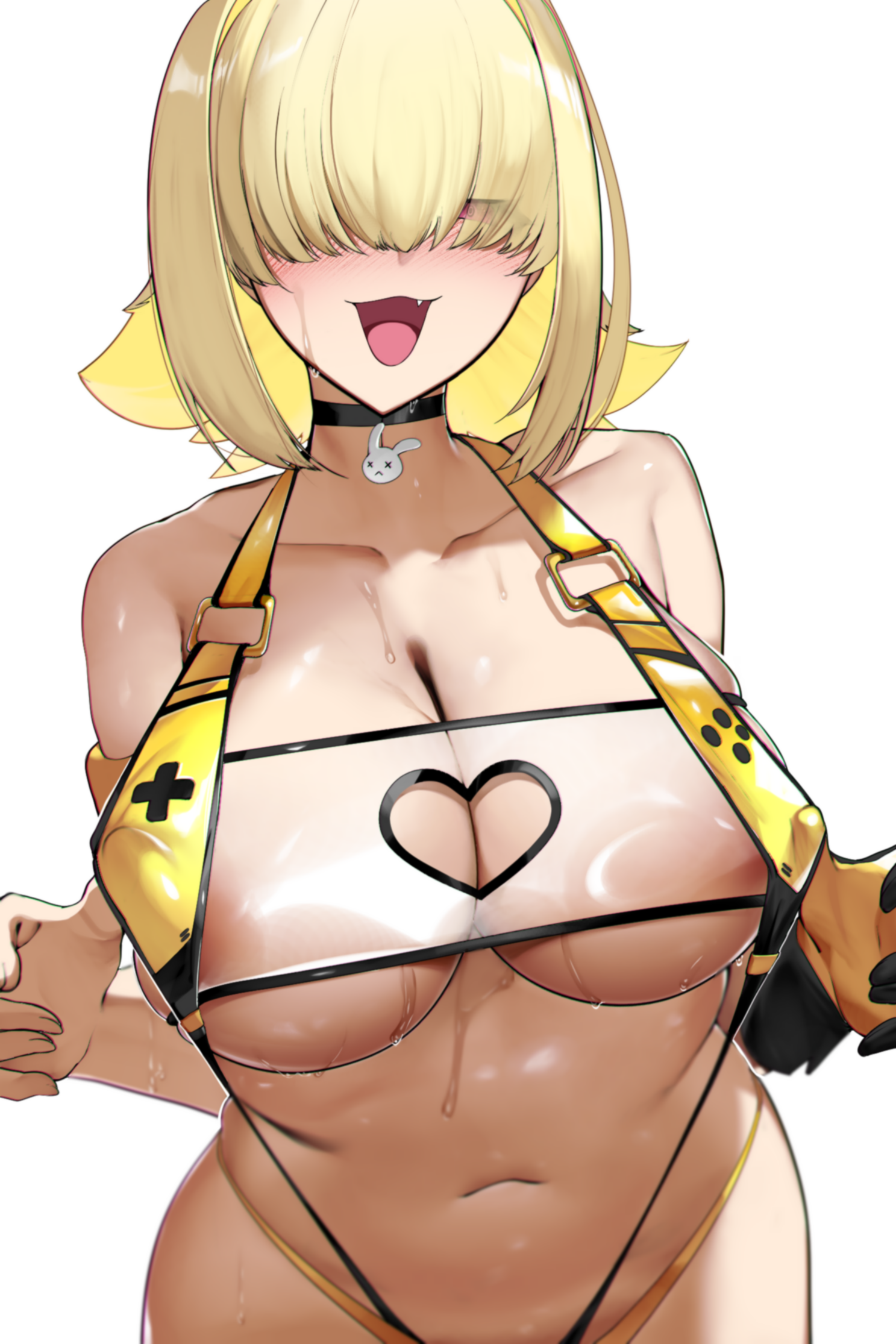 1girls, black choker, blonde hair, blush, breasts, choker, collarbone, cute fang, elegg (boom and shock) (nikke), elegg (nikke), eyes visible through hair, female, female only, gloves, hair over eyes, highres, large breasts, multicolored hair, navel, official alternate costume, open mouth, red eyes, single glove, slingshot swimsuit, smile, solo, sweat, swimsuit, two-tone hair, yuuyuu (yuuki1771)