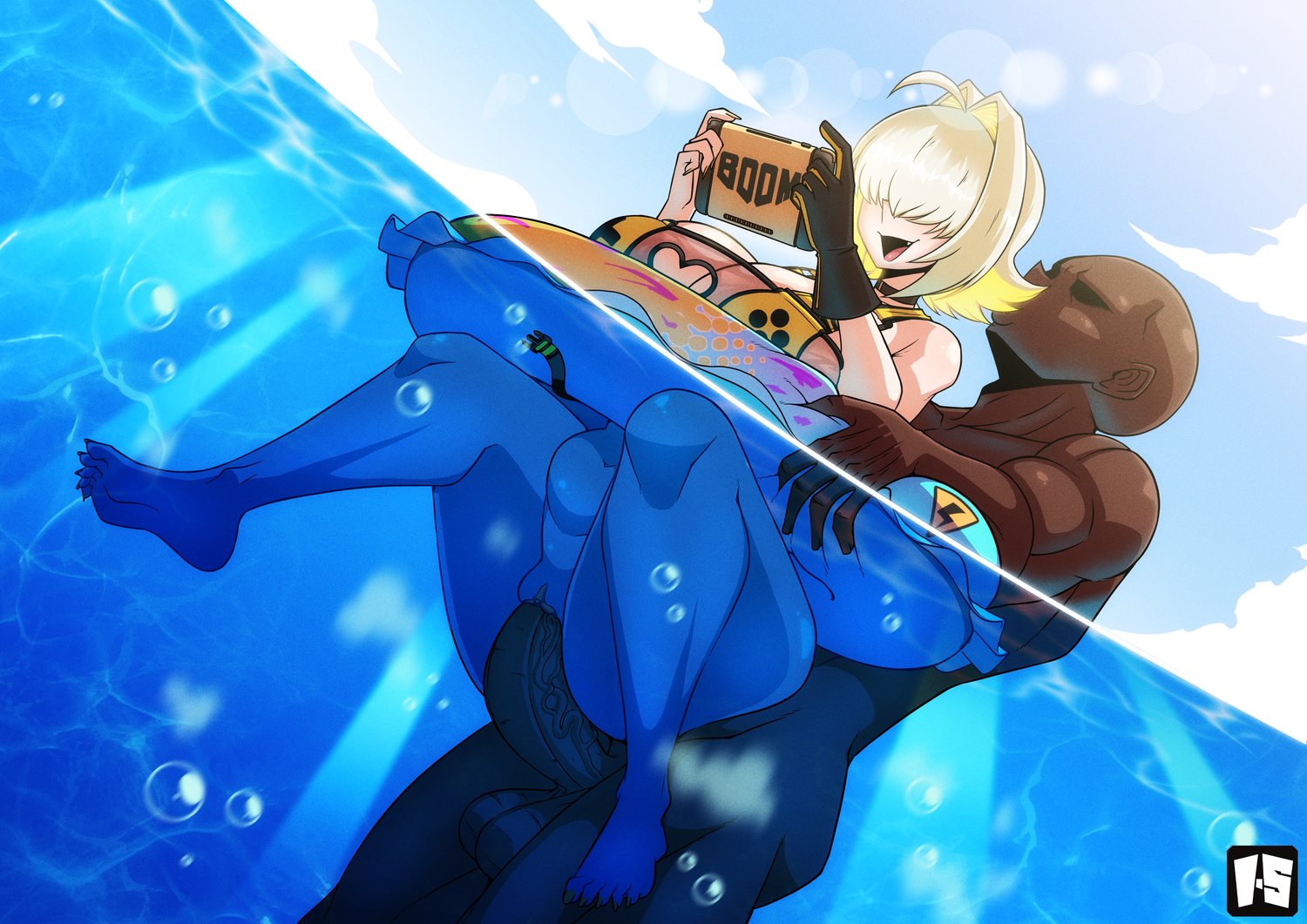 1boy, 1boy1girl, 1girls, big penis, blonde female, blonde hair, bottomless female, dark skin, dark-skinned male, elegg (boom and shock) (nikke), elegg (nikke), faceless male, floatie, goddess of victory: nikke, ilustretsspoks, light skin, light-skinned female, nude male, penetration, playing videogame, pool, sex, sex in water, vaginal penetration, vaginal sex, water, water sex