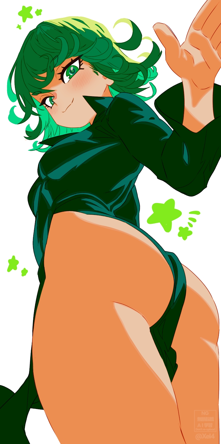 1girls, ass, blush, breasts, collared dress, dress, dutch angle, female, female only, from below, green dress, green eyes, green hair, green-haired female, highres, looking at viewer, medium hair, one-punch man, pelvic curtain, small breasts, solo, standing, tatsumaki, xel4