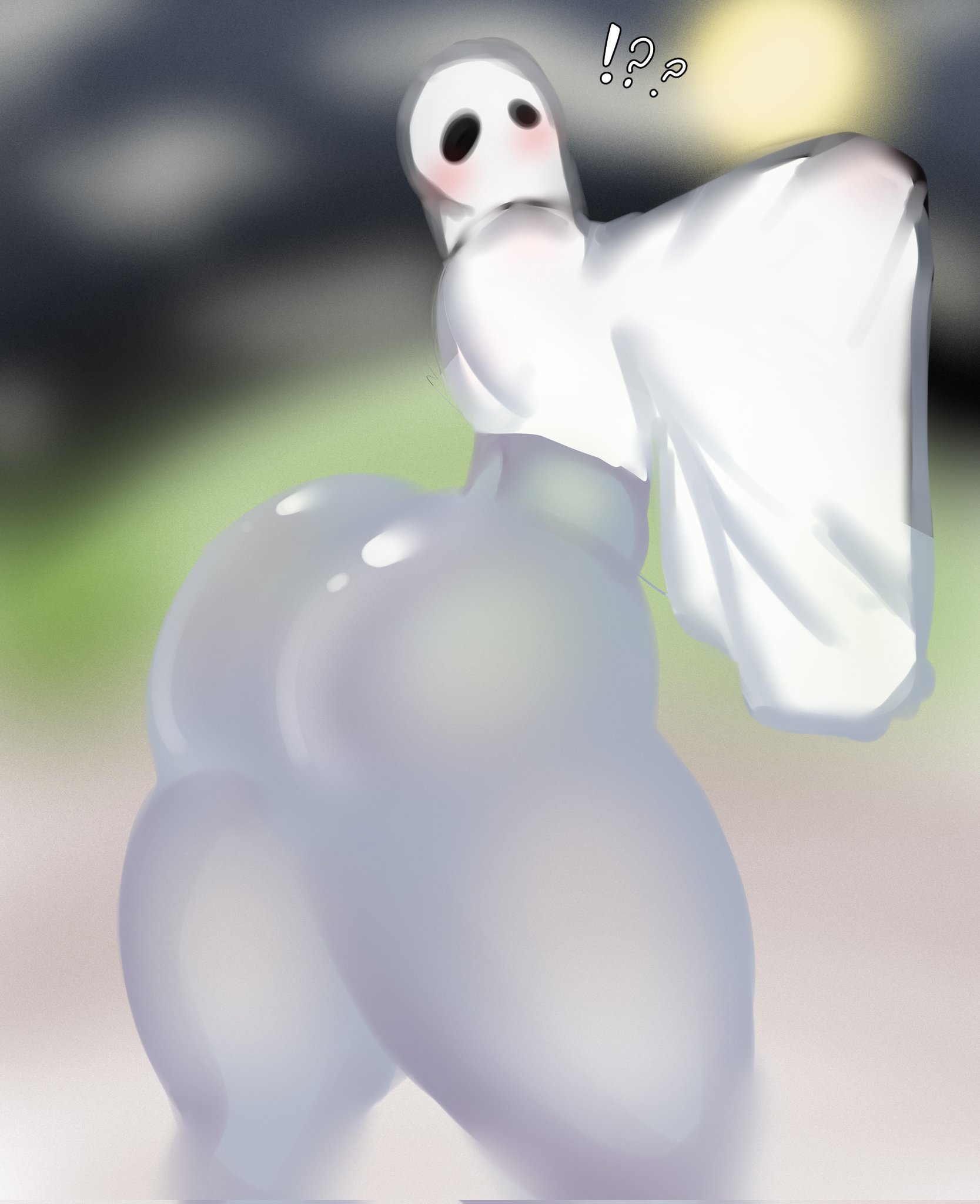 !??, ambiguous gender, ass, ass bigger than head, bedsheet ghost, big ass, big butt, blush, clothed, costume, ghost, halloween, halloween costume, kungkimori, looking back, rear view, solo, standing, thick thighs, thighs bigger than head, thunder thighs, viewed from behind
