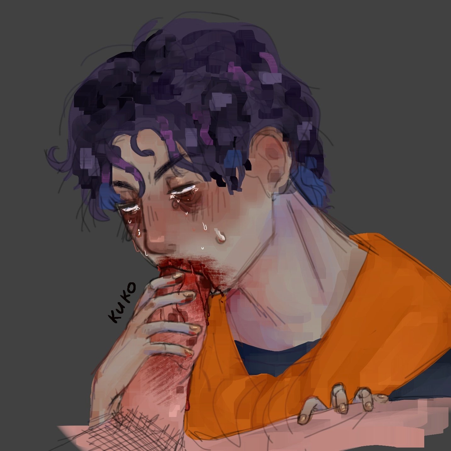 2boys, bags under eyes, blood, blood on face, blood stain, blowjob, blush, crying, crying with eyes open, cucogg, erection, fellatio, gay, half-closed eyes, male, male only, no, i'm not a human, oral, penis, purple hair, questionable consent, solo focus, stitched mouth, tears, uncensored, wireface (no, i'm not a human), yaoi
