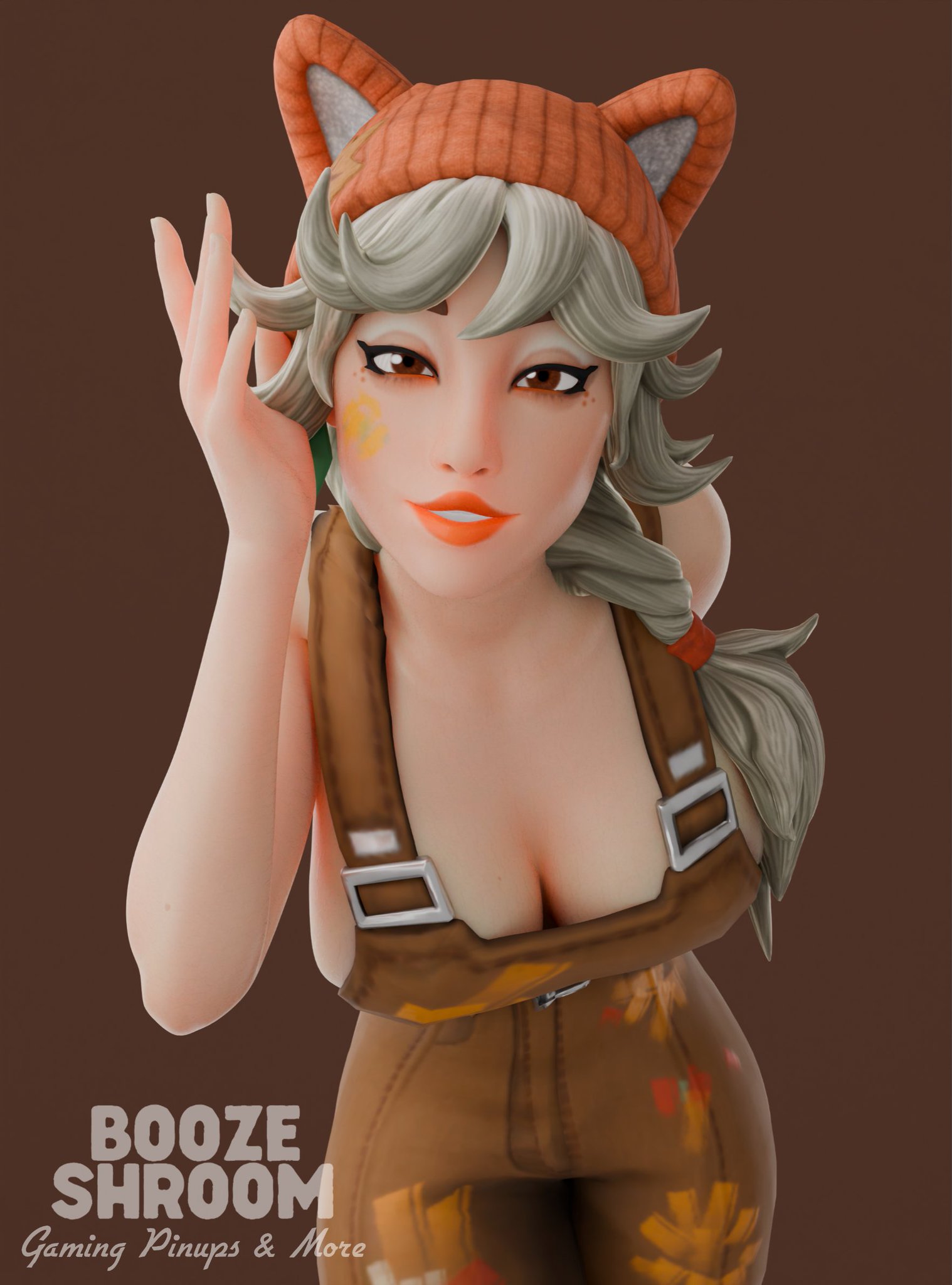 3d, 3d (artwork), beanie, beanie hat, bedroom eyes, big breasts, boozeshroom, breasts, clothed, clothed female, clothing, commission, facepaint, female, female focus, female only, fortnite, fox hat, huge breasts, kala (fortnite), leaning forward, long hair, long hair female, looking at viewer, mostly clothed, mostly clothed female, overalls, overalls only, ponytail, shiny, shiny skin, smile, smiling, smiling at viewer, solo, solo female, solo focus, watermark, white hair, white hair female