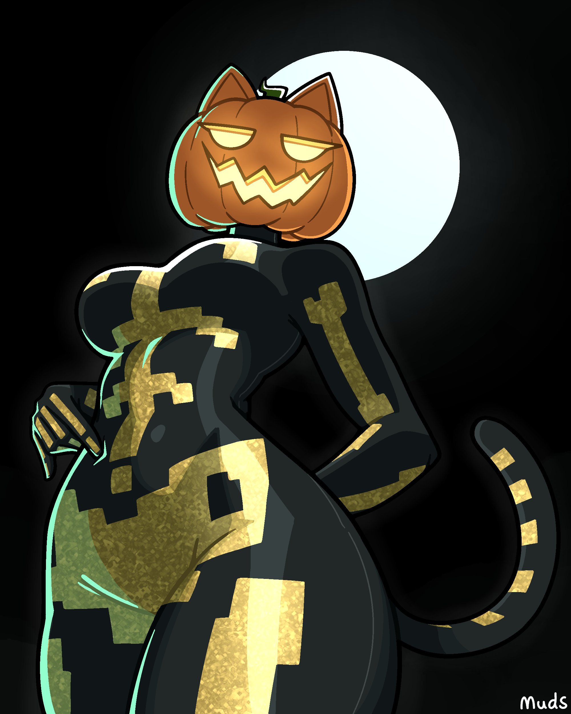 1girls, 2025, anthro, arms behind back, big thighs, black background, breasts, cat ears, cat girl, cat tail, epic games, female, fortnite, fortnite: battle royale, halloween, heart, hi res, holidays, light skin, looking at viewer, looking down, muds, pumpkin, pumpkin head, simple background, skeleton, smile, solo, solo female, spice (fortnite), tail, thick thighs, thighs, touching stomach