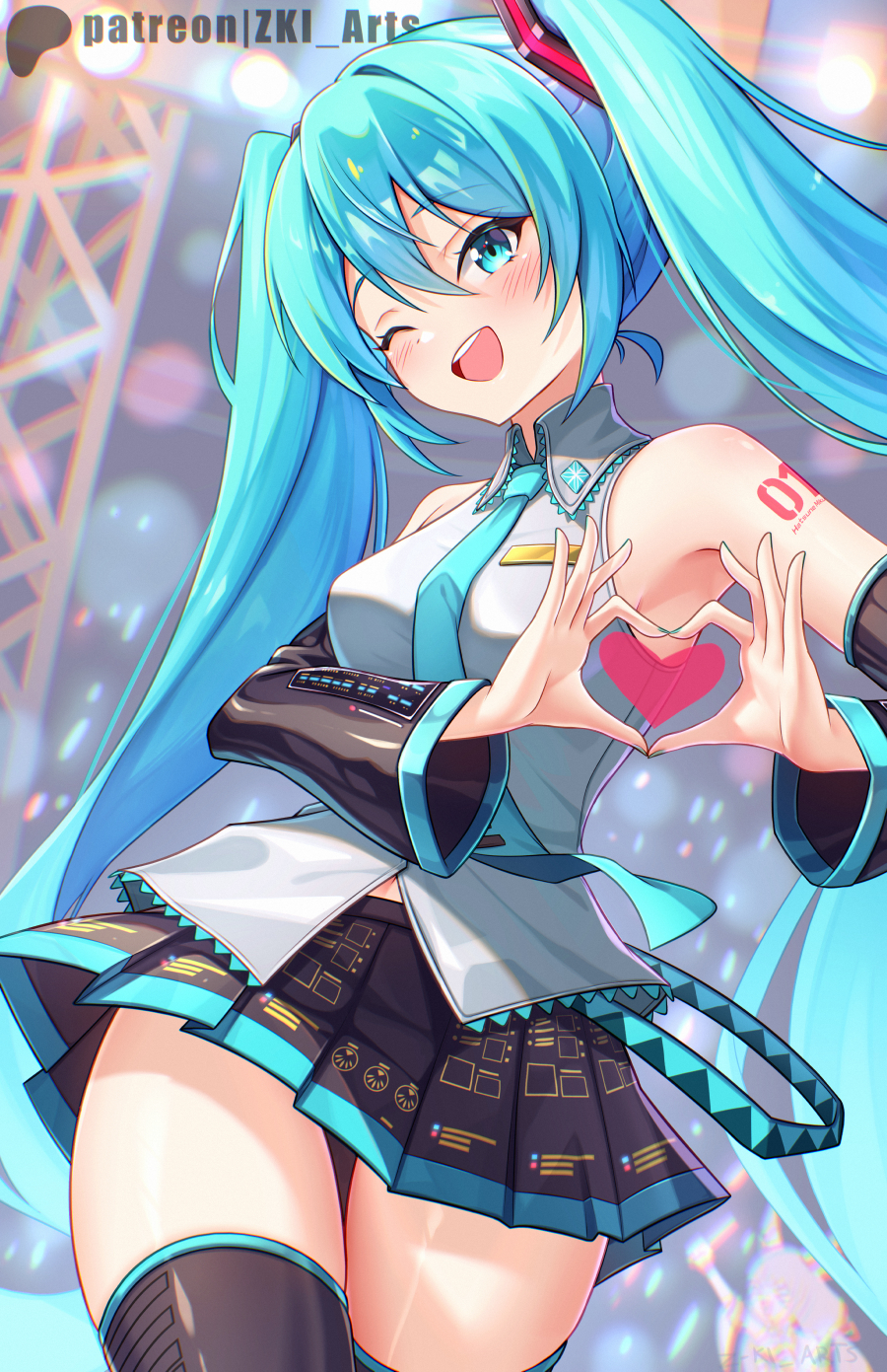 ;d, 1girl, 1girls, aqua eyes, aqua hair, aqua necktie, armpits, bangs, bare shoulders, black legwear, black skirt, black sleeves, black thighhighs, blue eyes, blue hair, blue necktie, blurry, blurry background, blush, breasts, collared shirt, cowboy shot, detached sleeves, female, female only, grey shirt, hair between eyes, hatsune miku, heart, heart hands, highres, long hair, long sleeves, looking at viewer, medium breasts, miniskirt, multiple girls, necktie, number tattoo, one eye closed, open mouth, pleated skirt, shirt, skirt, sleeveless, sleeveless shirt, smile, solo, solo focus, tattoo, thick thighs, thighhighs, thighs, twintails, very long hair, vocaloid, white shirt, z-ki