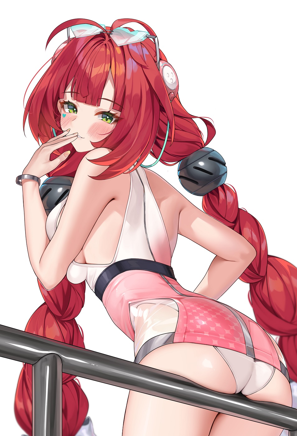 1girls, ass, blush, bracelet, braid, breasts, closed mouth, commentary request, eyewear on head, female, female only, from behind, green eyes, hair ornament, highres, jewelry, large breasts, looking at viewer, low twintails, matrix16, official alternate costume, one-piece swimsuit, parted lips, red hair, sideboob, simple background, smile, solo, sphere hair ornament, sunglasses, swimsuit, twin braids, twintails, ukinami yuzuha, ukinami yuzuha (tanuki in broad daylight), white background, zenless zone zero