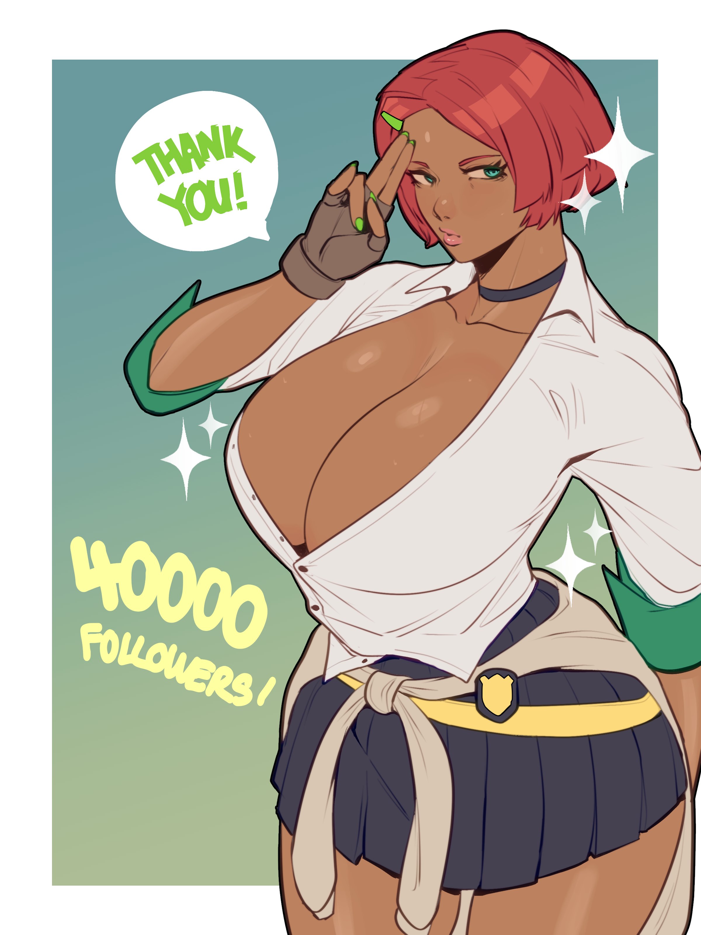 absurdres, adapted costume, arm behind back, black choker, breasts, brown gloves, brown sweater, bursting breasts, choker, cleavage, clothes around waist, commentary, crest, dark skin, dark-skinned female, english commentary, english text, facial mark, female, female only, fingerless gloves, fingernails, forehead mark, giovanna (guilty gear), gloves, green nails, guilty gear, guilty gear strive, gyaru, hair ornament, hairclip, highres, huge breasts, looking to the side, milestone celebration, narrow waist, no bra, partially unbuttoned, pink lips, plunging neckline, red hair, salute, short hair, skullworms, sleeves pushed up, solo, speech bubble, sweat, sweater, sweater around waist, thank you, thighs, two-finger salute