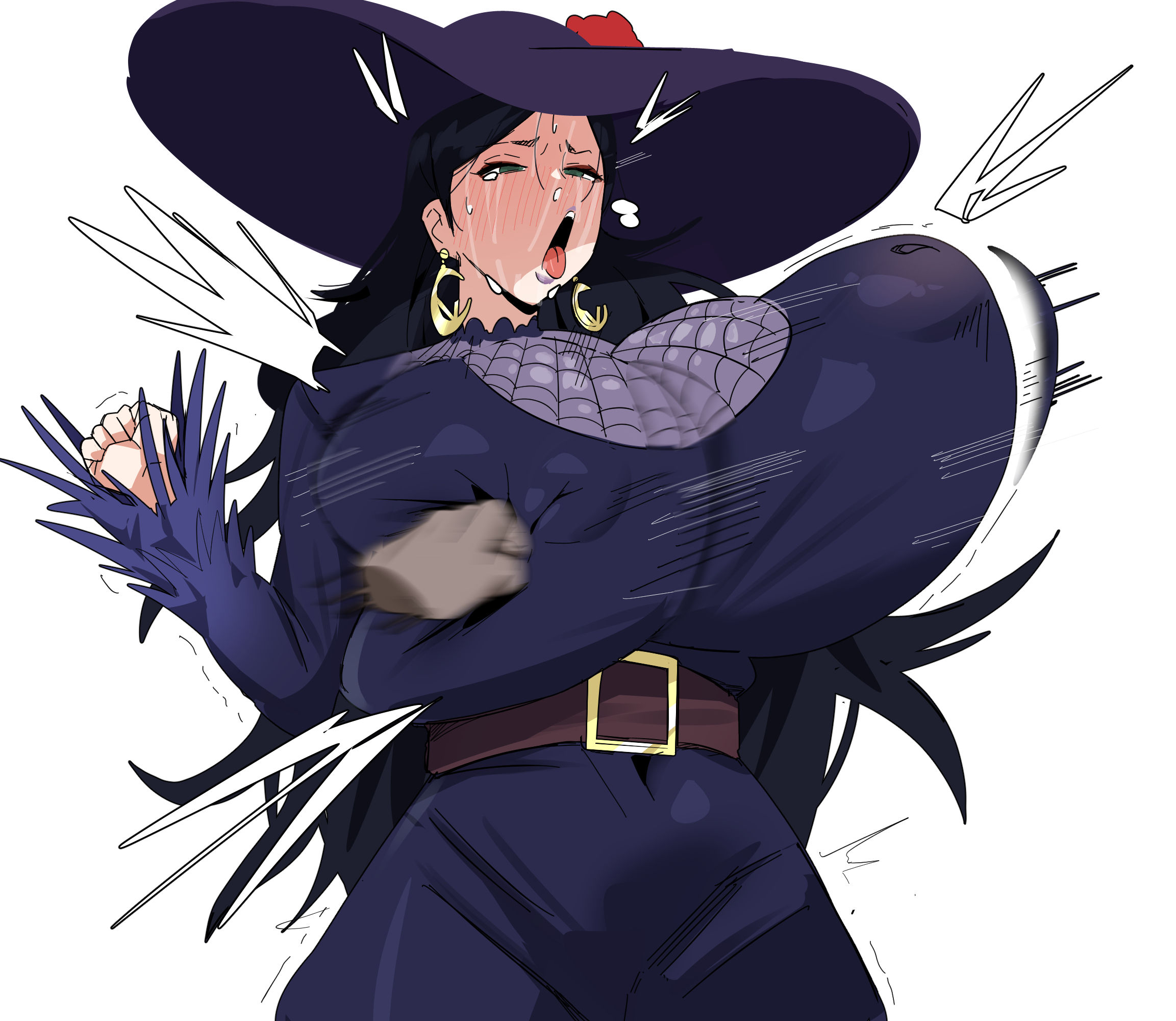 1girls, belt around waist, black hair, blush, boku no hero academia, breast punch, breasts, citizen k, dark-skinned male, deborah gollini, disembodied hand, dress, earrings, female, gigantic breasts, jewelry, long hair, long sleeves, moaning, my hero academia, punching, purple dress, purple lips, simple background, tongue, white ground