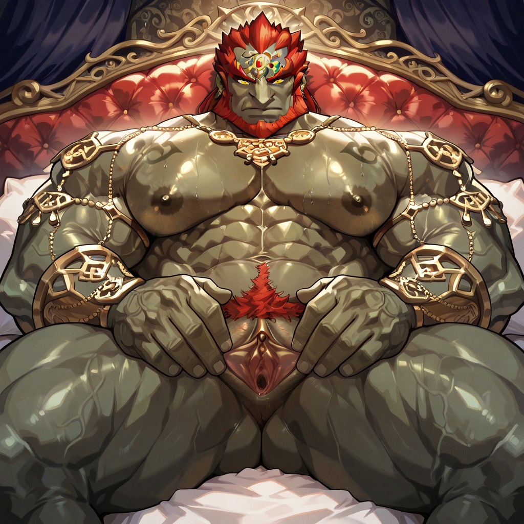 abs, ai generated, anus, arms, bara, beard, bed, bedroom, big chest, castle, castle background, castle interior, cboy slut, chains, clitoris, cuntboy, cuntboy only, cuntboy/male, forehead mark, front view, ganondorf, gay, gerudo, gold jewelry, green skin, hairy pussy, hands on pussy, humanoid, intersex, long hair, looking at viewer, luxury, male, male focus, male only, muscles, muscular, muscular cuntboy, muscular male, nintendo, open pussy, ornaments, pecs, pectorals, pussy, red beard, red hair, room, serious, serious look, sitting, sitting on back, sitting on bed, spread legs, spread pussy, strong, tall, the legend of zelda, throne, throne room, yaoi, yellow eyes