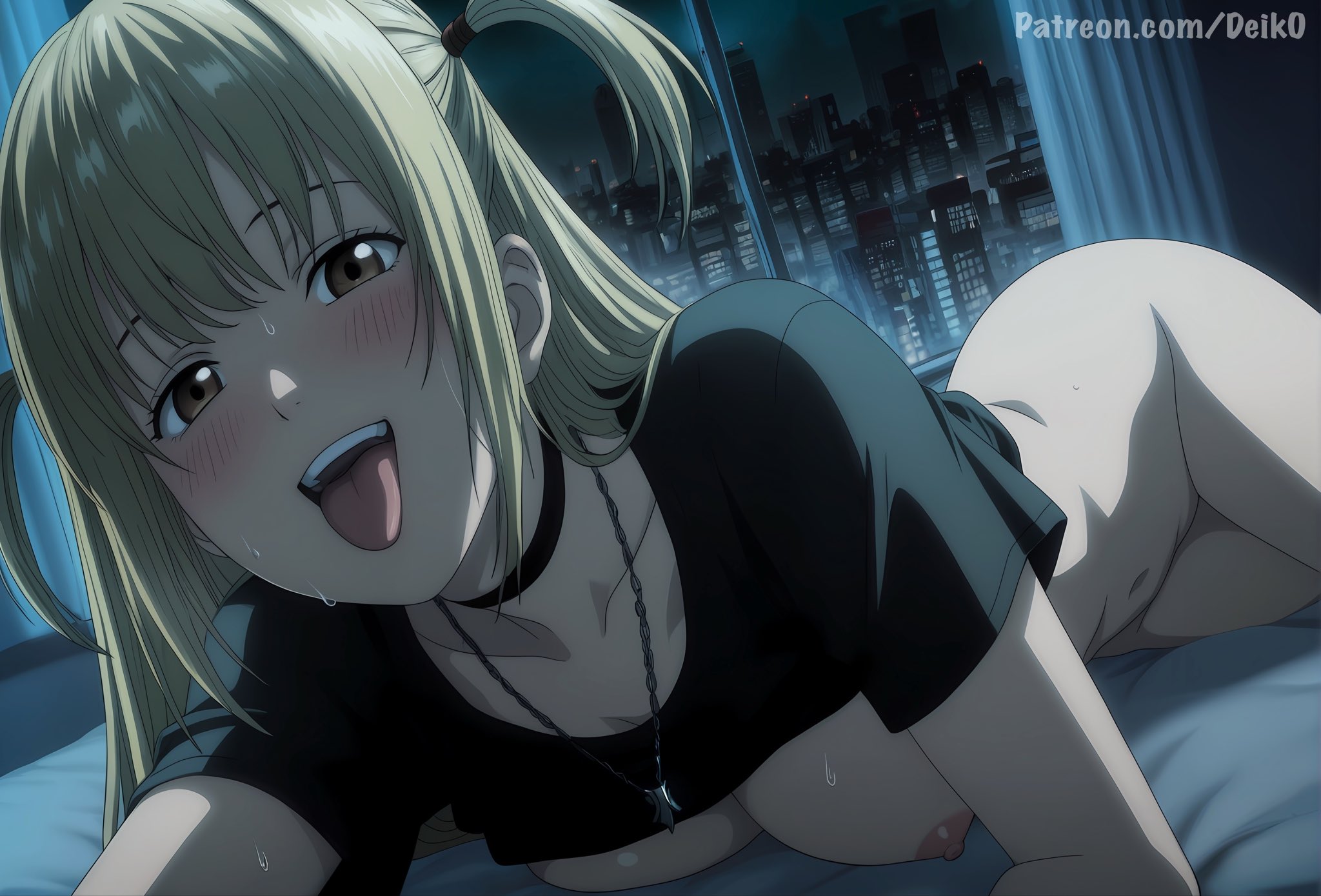 ai generated, bed, bedroom, blonde hair, blush, bottomless, breasts, brown eyes, death note, deik0, female, large breasts, long hair, looking at viewer, lying, lying on stomach, misa amane, night, nipples, on bed, on stomach, open mouth, selfie, sexy pose, tongue, tongue out, twintails