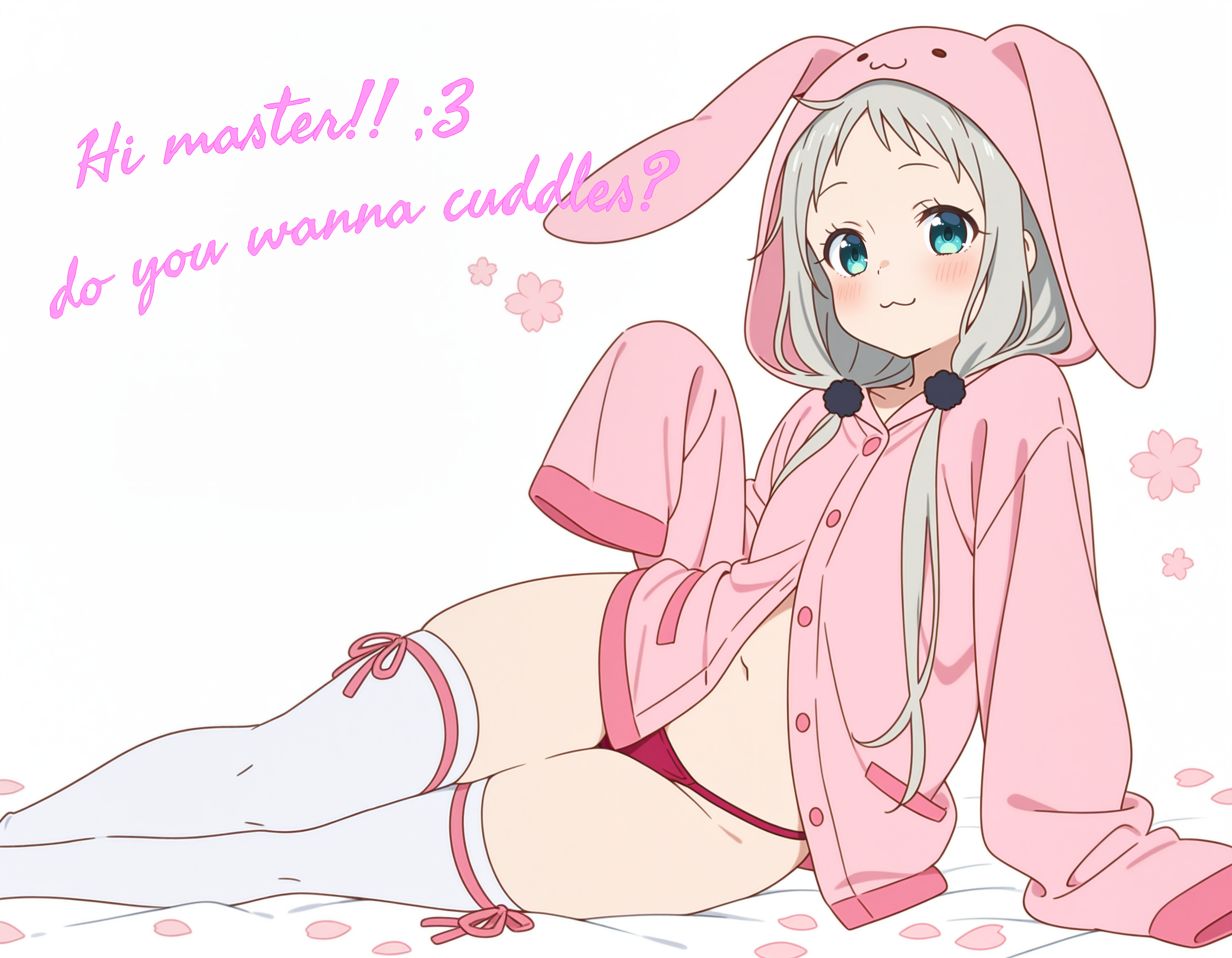 1boy, ai generated, bishienyan, blend s, blue eyes, bunny ears, femboy, feminine male, girly, hoodie, kanzaki hideri, male, pajamas, petals, pink pajamas, pink swimsuit, ribbon, silver hair, sleeves past fingers, solo, swimsuit, thighhighs, thighs, trap, white background, white skin
