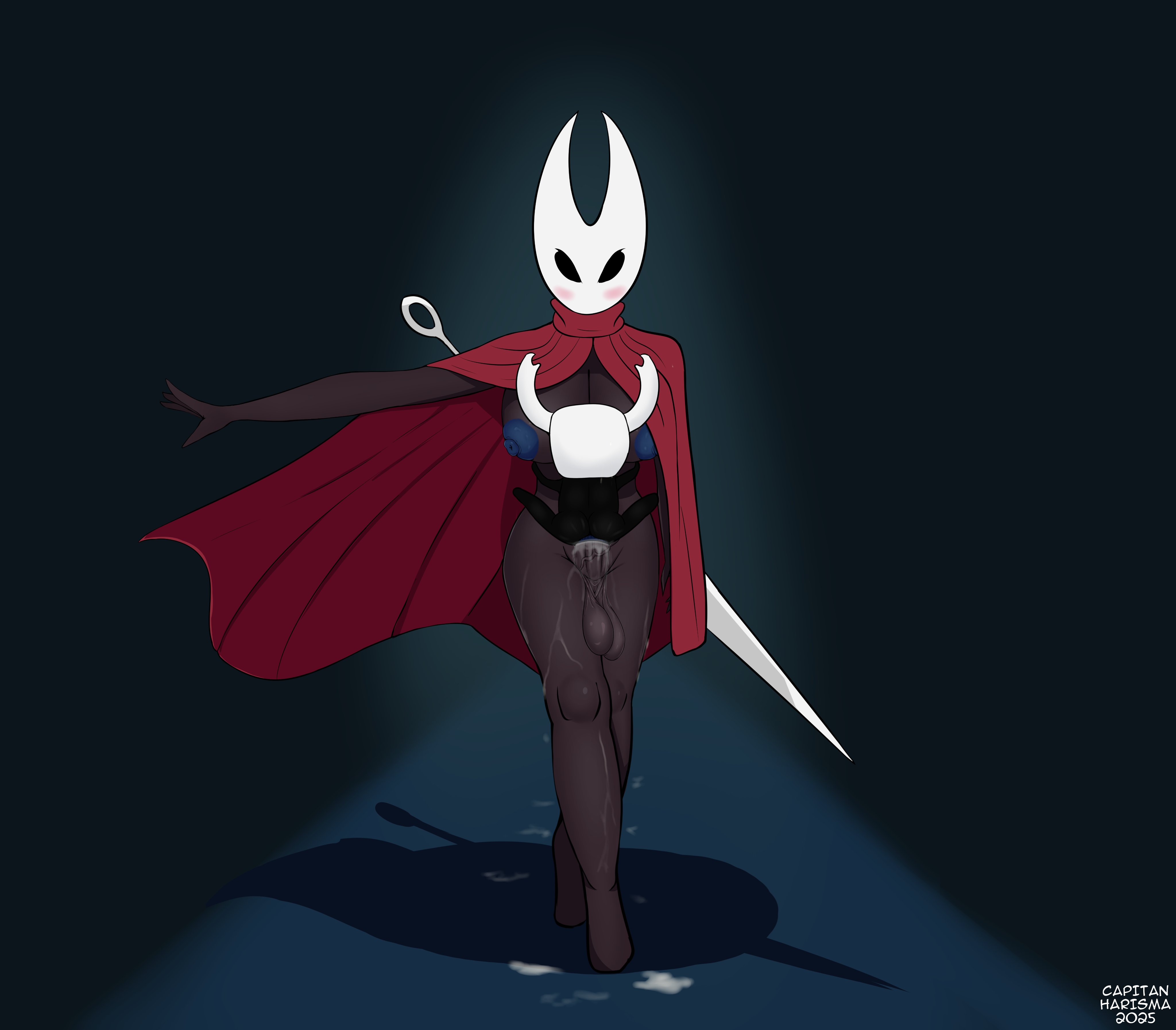 between breasts, blue penis, breasts, capitanharisma, cloak, cum, cum in ass, erection, futa on male, futanari, hollow knight, hornet (hollow knight), horsecock, incest, intersex, male, penis, sex, the knight (hollow knight)