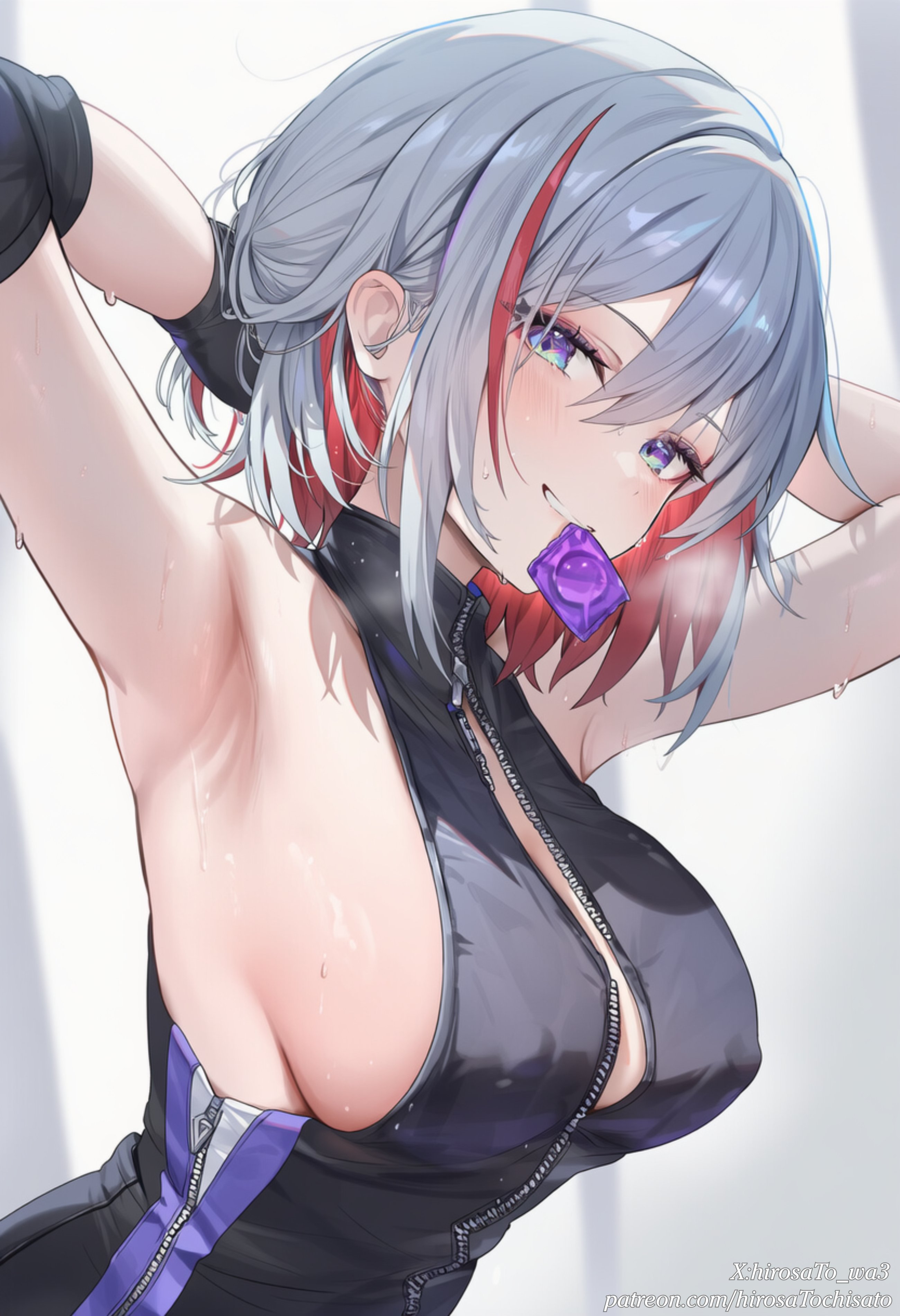 1girls, ai generated, armpits, arms behind back, breasts, condom in mouth, female, honkai: star rail, large breasts, red hair, short hair, topaz (honkai: star rail), white hair