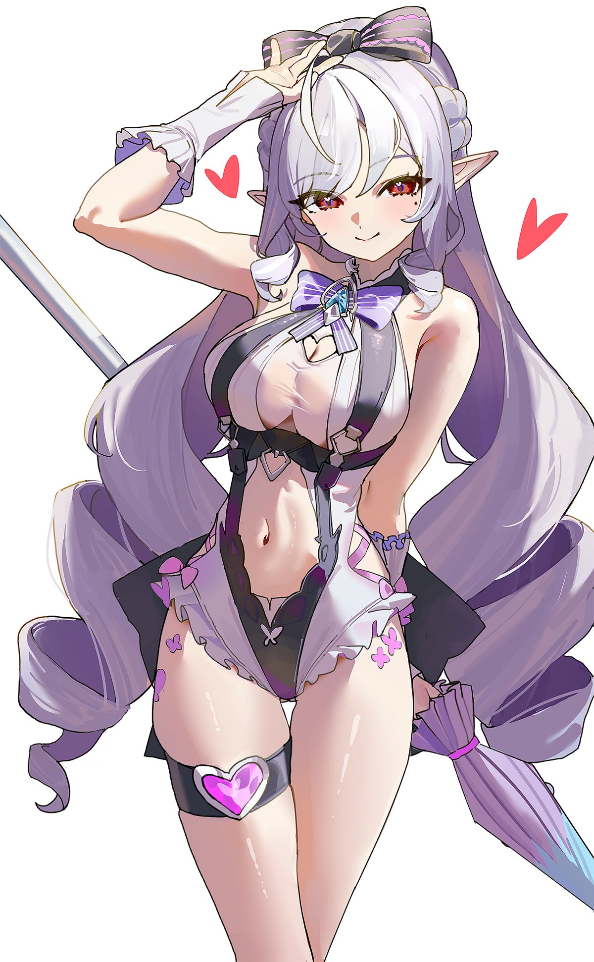 1girls, breasts, exposed breasts, female, hoyoverse, legs, long hair, mihoyo, official alternate costume, pastamajo, purple hair, red eyes, swimsuit, vivian banshee, vivian banshee (iris of the shore), white swimsuit, zenless zone zero