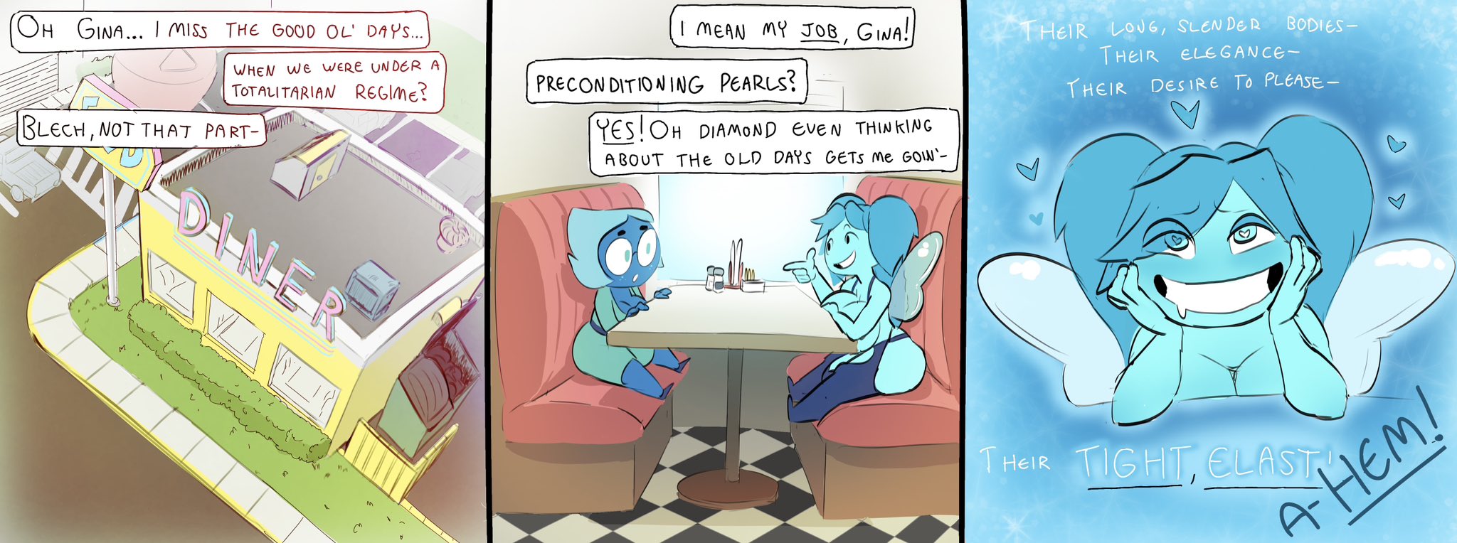 2futas, comic panel, dialogue, diner, futanari, gem (species), gemsona, heart-shaped pupils, intersex, mari (joe bobcat), oogabutt, steven universe