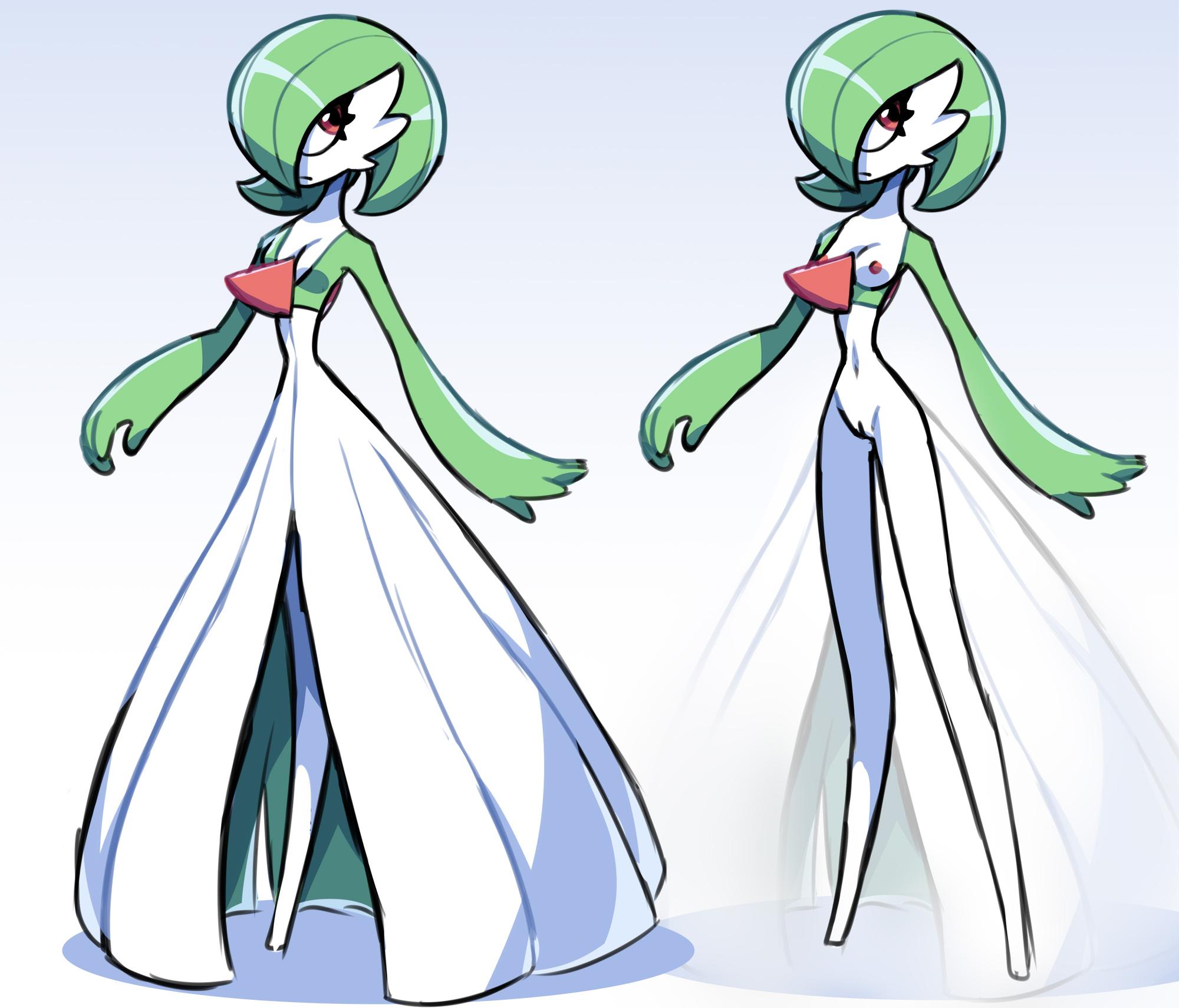 1girls, breasts, clothed and nude version, female, female gardevoir, gardevoir, green hair, humanoid female, naked, naked female, nipples, nude, nude female, pokemon, pokemon (species), pokemon rse, pussy, red eyes, thousandarms, white body, x-ray
