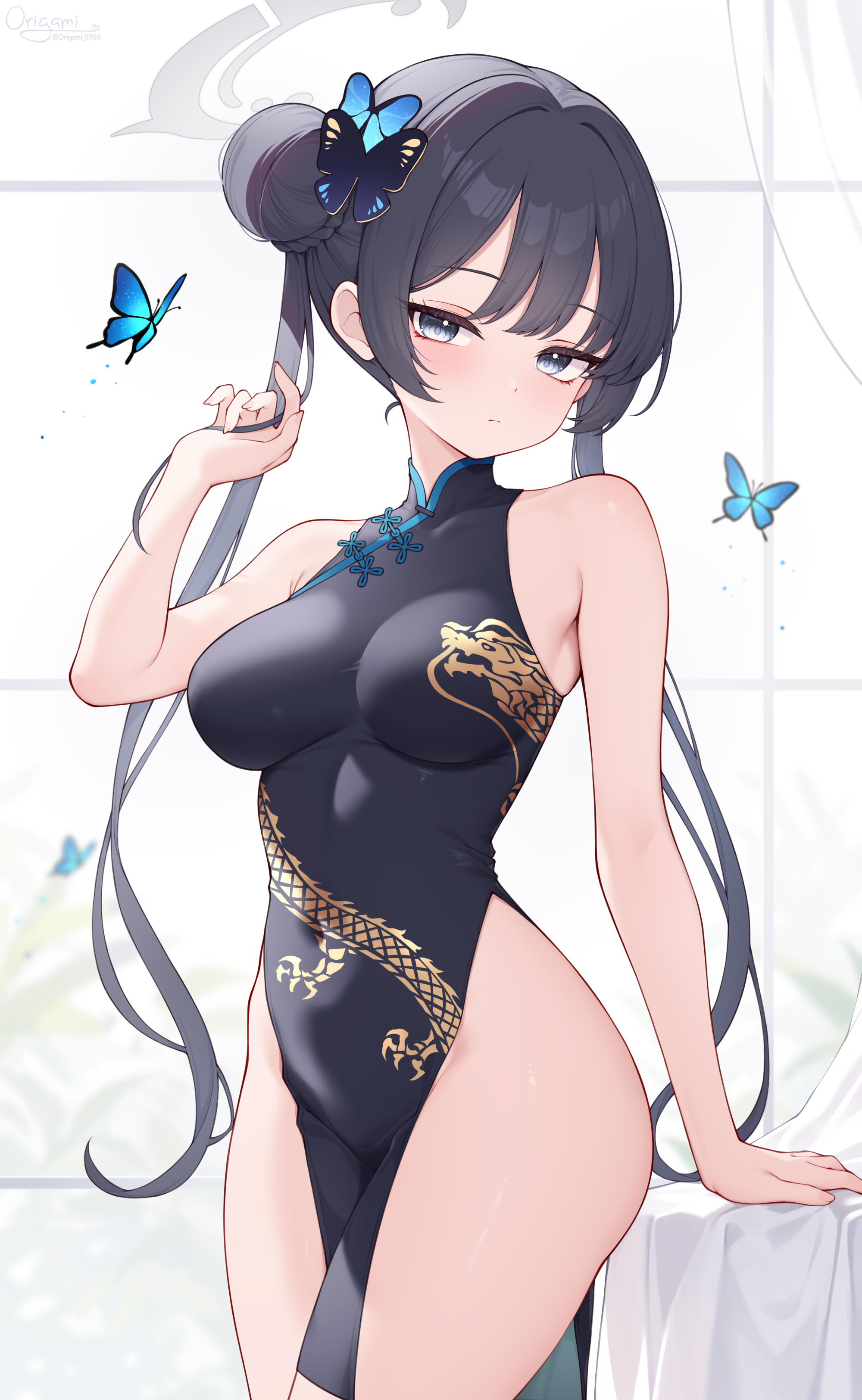 absurdres, alternate breast size (larger), black dress, blue archive, breasts, bug, butterfly, butterfly hair ornament, china dress, chinese clothes, commentary request, double bun, dragon print, dress, female, grey eyes, grey halo, hair bun, hair ornament, halo, highres, insects, kisaki (blue archive), large breasts, looking at viewer, origami (poinia), pelvic curtain, print dress, solo, thighs, twintails