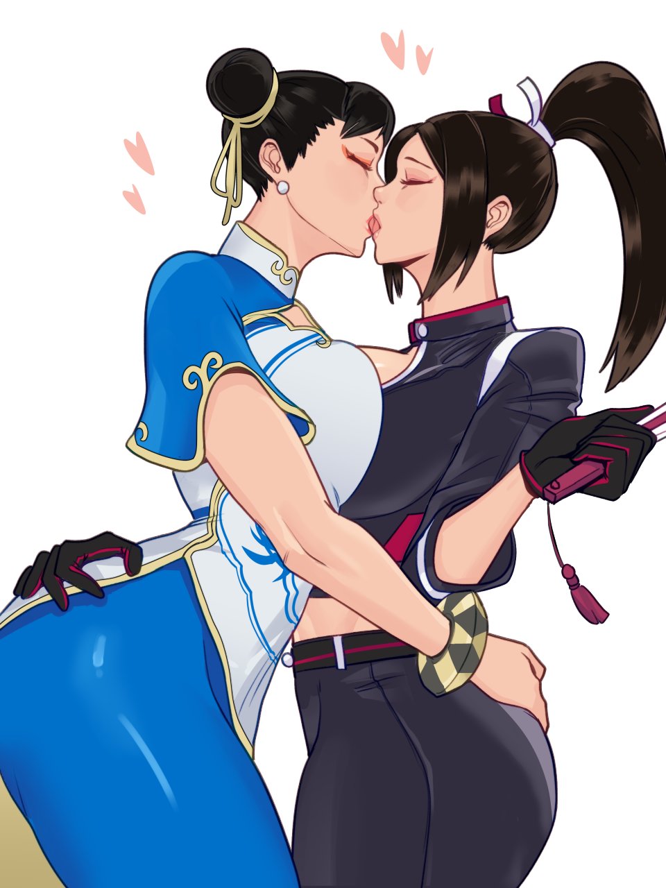 2girls, akiman pose, bait and switch, belly-to-belly, black gloves, breast press, breast to breast, breasts, capcom, chinese clothes, chun-li, chun-li (street fighter 6), commentary, cropped jacket, double bun, english commentary, eye contact, eyes closed, fatal fury, fatal fury: city of the wolves, female, female only, female/female, french kiss, girls only, gloves, hair bun, hair ribbon, hand fan, hand on another's ass, heart symbol, highres, holding, holding fan, hug, huge breasts, king of fighters, kissing, lesbian, lesbian kiss, looking at another, mai shiranui, mai shiranui (city of the wolves), multiple females, multiple girls, official alternate costume, parted bangs, ponytail, ribbon, skullworms, street fighter, street fighter 6, symmetrical docking, tongue, upper body, yuri