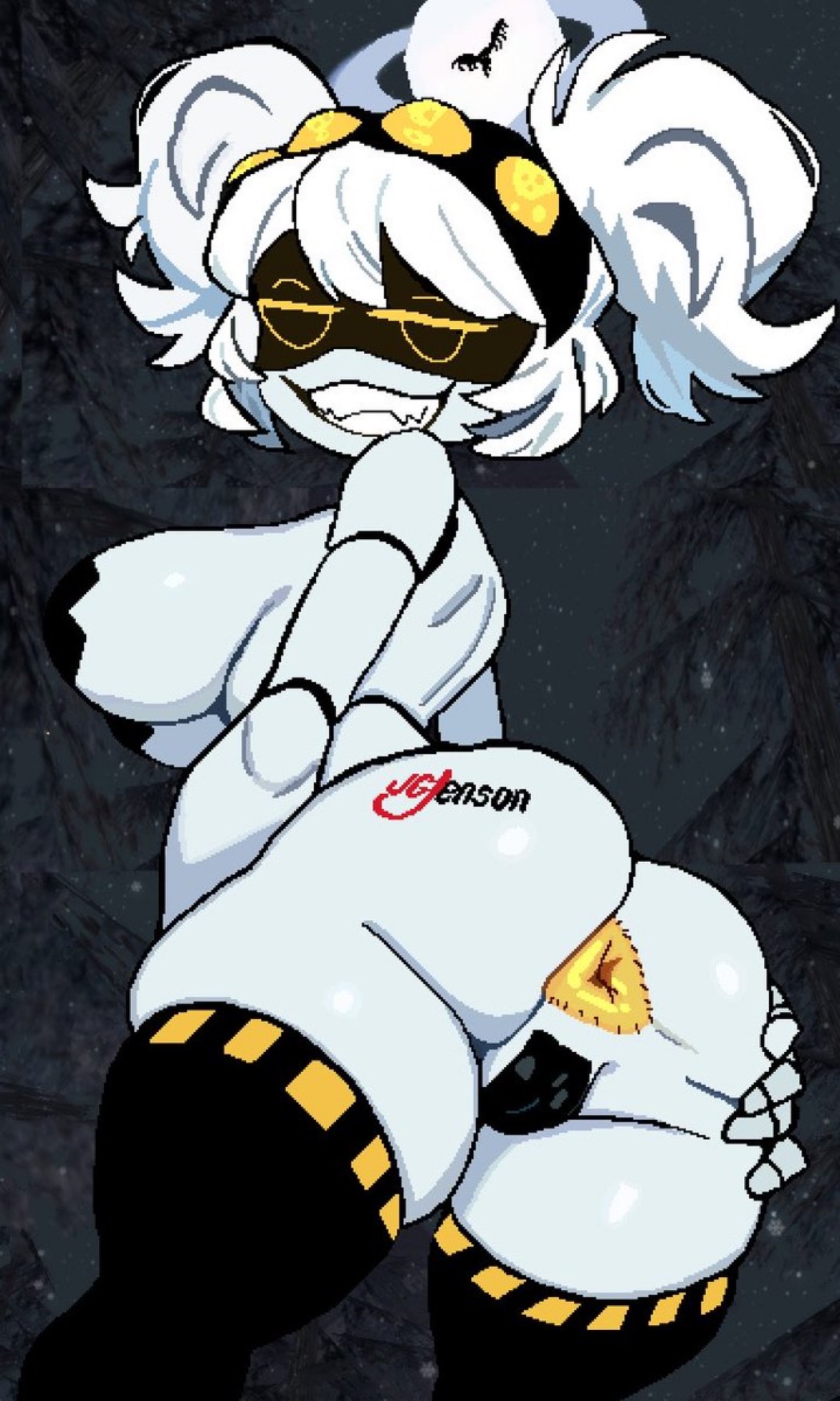 1girls, anal, anal access, anal only, anal only maebari, anus, ass, ass focus, ass spread, asshole, big breasts, breasts, fat ass, female, female only, glitch productions, j (murder drones), maebari, monmaamn, murder drones, pasties, pixel art, pussy, pussy tape, serial designation j, sharp teeth, smile, tape, taped pussy, triangular anus, twintails, white hair