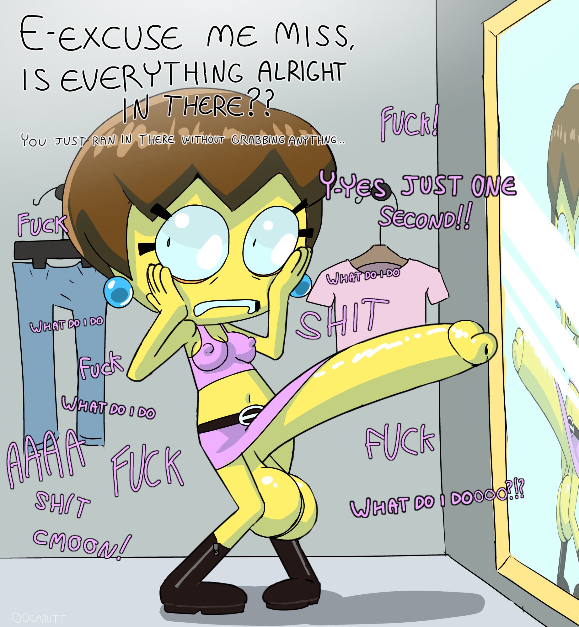1dickgirl, balls, ballsack, belt, big balls, boots, bra, breasts, cock, dialogue, dickgirl, digital media (artwork), dressing room, futanari, huge cock, hyper penis, intersex, mirror, oogabutt, penis, scared, skirt, tagme, transfem, unwanted erection
