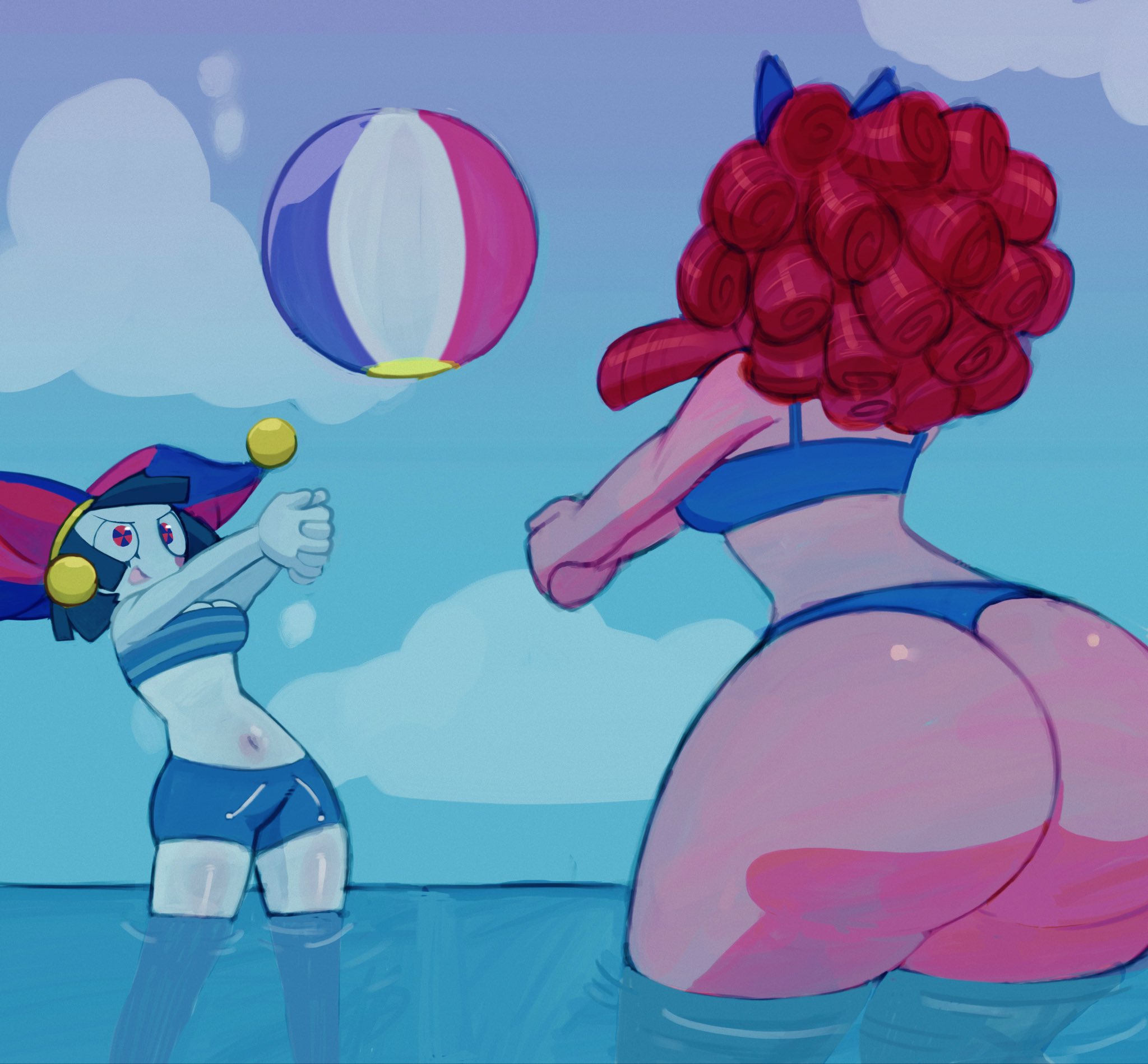 2girls, ass, ass crack, back view, beach, beach ball, belly button, big ass, bikini, breasts, bubble ass, bubble butt, female, female only, glitch productions, huge ass, large ass, oversized ass, oversized butt, pinkbobatoo, plapbait, pomni (beach outfit), pomni (the amazing digital circus), ragatha (the amazing digital circus), red hair, skiddioop, stereodaddy, swimsuit, the amazing digital circus, thick thighs, thighs, tubetop, water