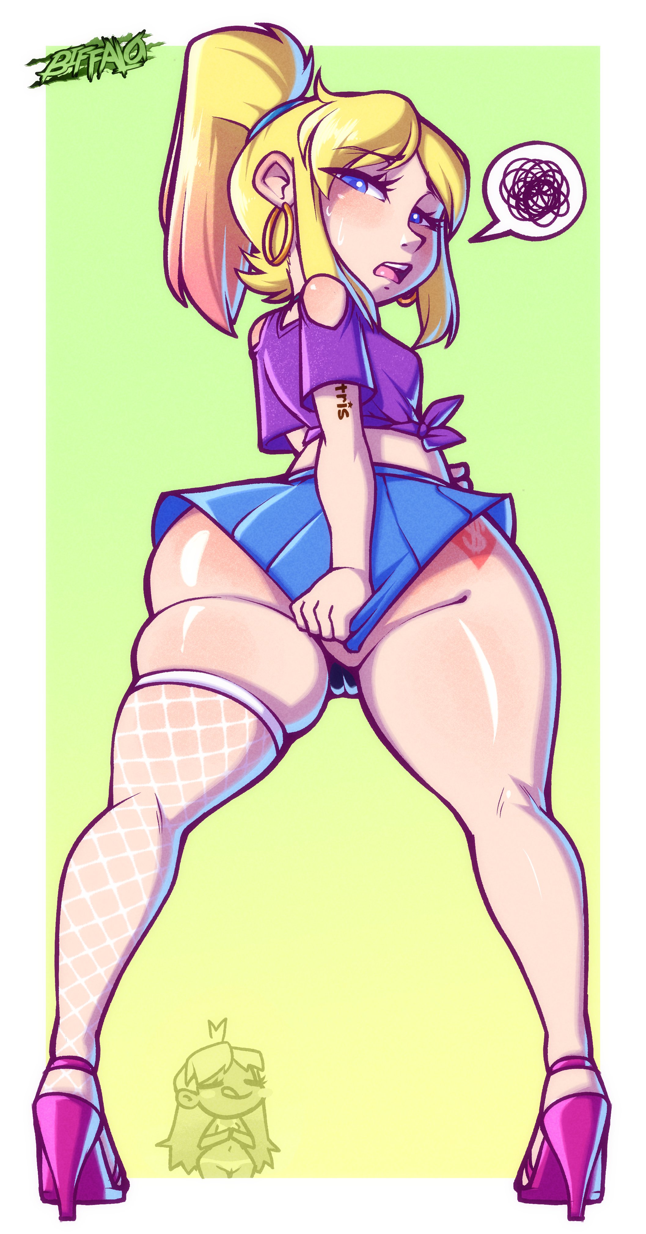 artist logo, artist name, biffalo, biffmildrings, blue eyes, blush, covering, crossover, dyed hair, earrings, embarassed, fishnets, flat chest, heels, hotori (silenttandem), huge ass, leggings, looking at viewer, looking back, looking over shoulder, lucy (biffalo), miniskirt, original, original character, original characters, outfit swap, ponytail, revealing clothes, short skirt, silenttandem, skimpy clothes, skirt, skirt pull, small breasts, small skirt, speech bubble, tattoo, thighhighs, tied shirt