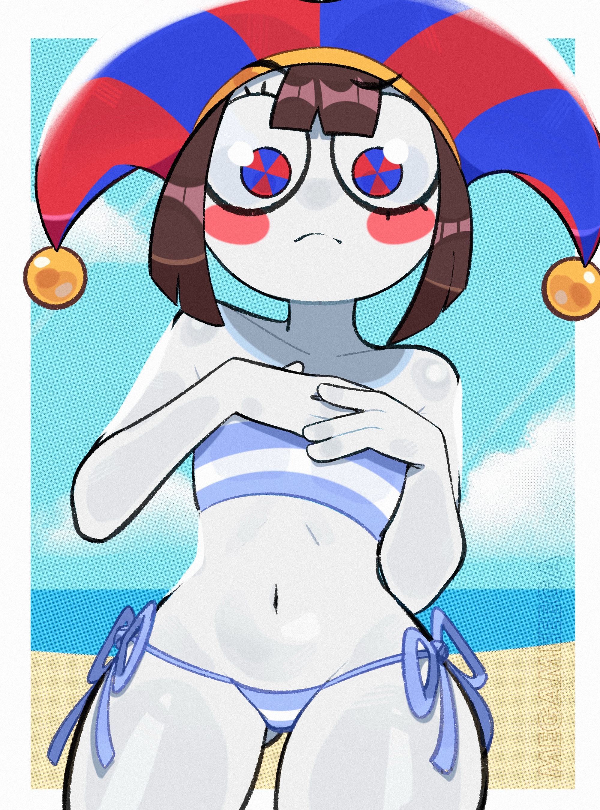 beach, beach background, bikini, blush, breasts, female, female only, glitch productions, megameeega, pomni, pomni (beach outfit), pomni (the amazing digital circus), small breasts, swimsuit, tagme, the amazing digital circus, tights