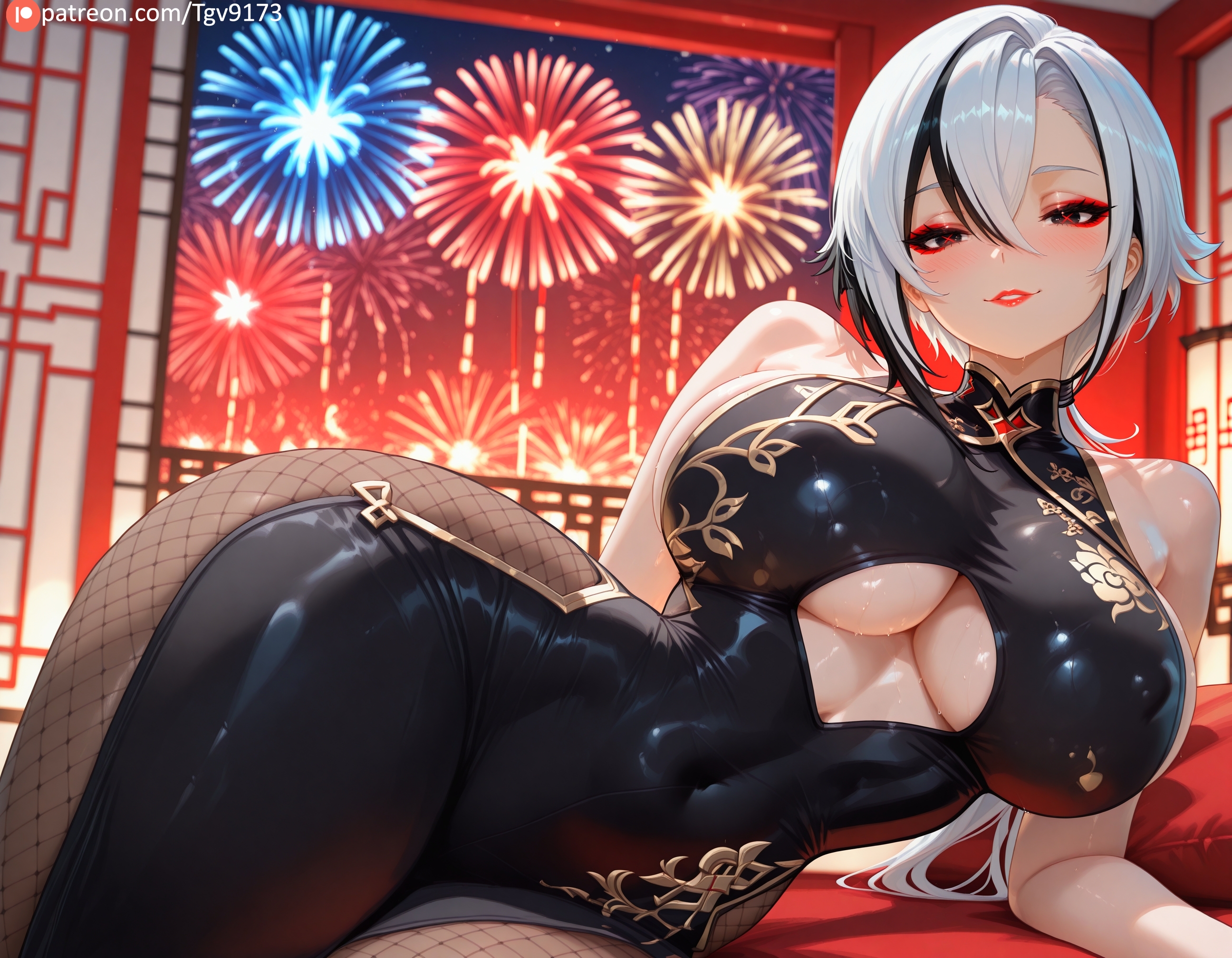 ai generated, architecture, arlecchino (genshin impact), bangs, bare shoulders, black dress, black eyes, black hair, blush, breasts, china dress, chinese clothes, cleavage, cleavage cutout, clothing cutout, covered navel, dress, female, fireworks, fishnet pantyhose, fishnets, genshin impact, hair between eyes, indoors, large breasts, looking at viewer, lying, multicolored hair, night, on side, pantyhose, parted lips, pelvic curtain, pillow, qipao, red eyes, short hair, sleeveless, sleeveless dress, smile, solo, streaked hair, symbol-shaped pupils, tgv9173, thighs, two-tone hair, underboob, underboob cutout, white hair, window
