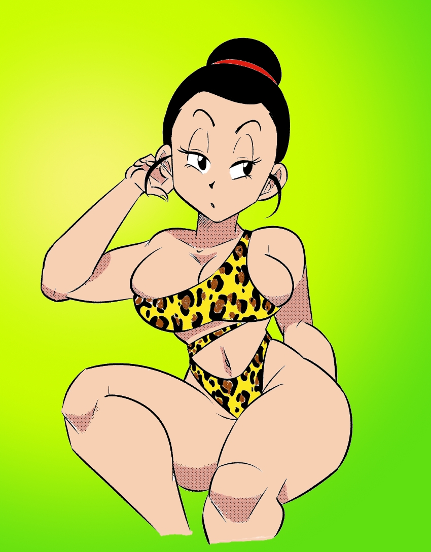 (zerocrow22), big breasts, black hair, breasts, chichi, colored sketch, dragon ball, dragon ball z, female, full color, funsexydragonball, gilf, green background, hair bun, huge breasts, leopard print, milf, no eyewear, swimsuit, thick thighs, wide hips