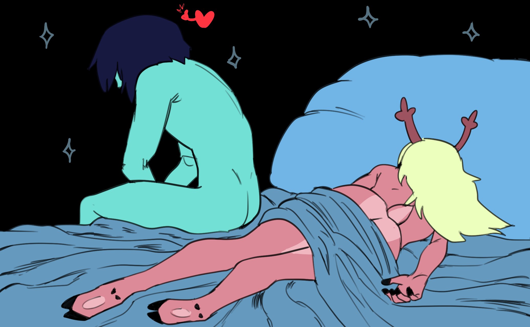 1boy, 1girls, after sex, ambiguous gender, berserk, berserk reference, blue body, crossover, deer, deer girl, deltarune, female, hastur (artist), hasturart, human, kris (deltarune), male, noelle holiday, red soul, tagme
