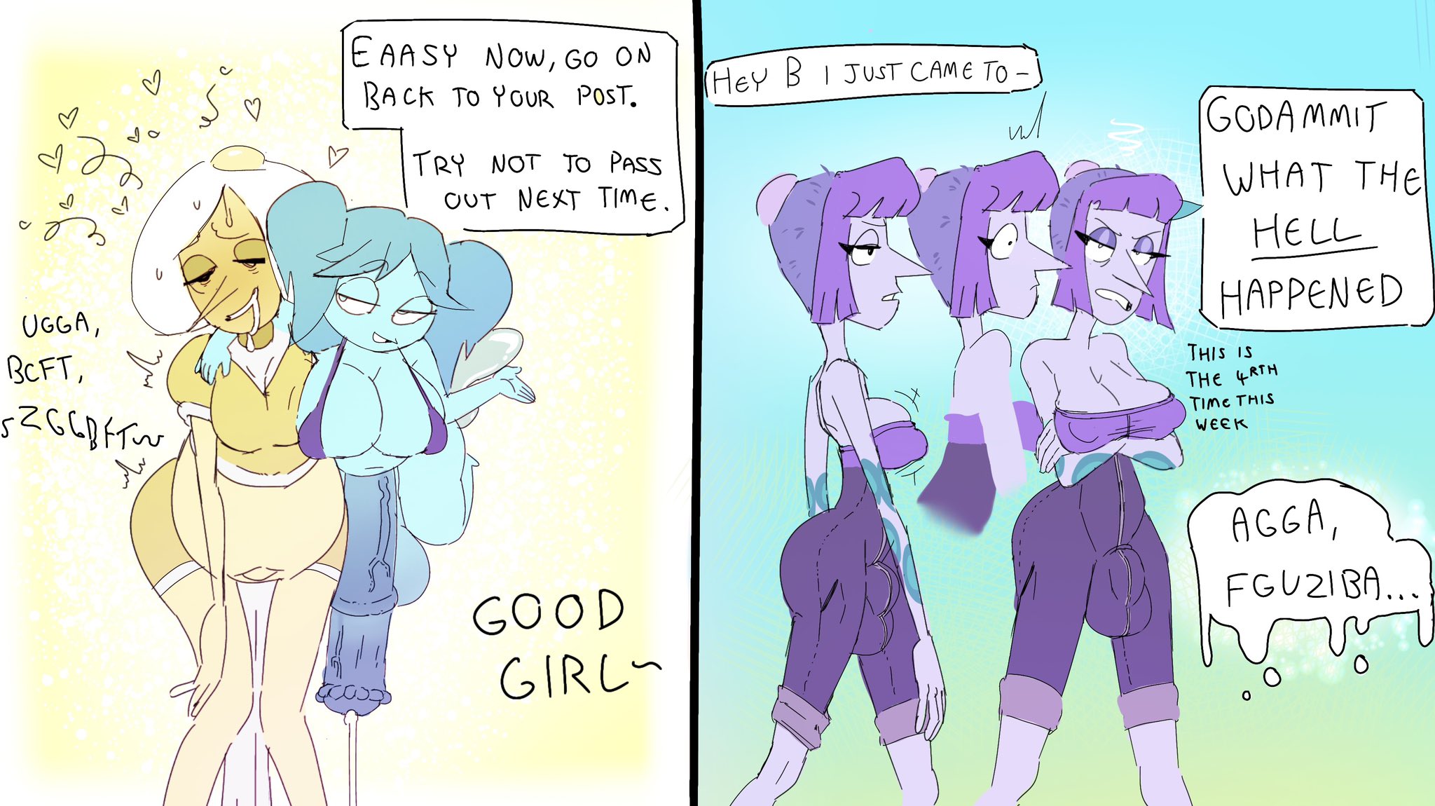 3futas, after anal, after sex, balls, ballsack, big balls, big breast, big breasts, blue hair, blue skin, bra, breakfast (gnausea), breasts, bulge, cock, comic page, cum dripping, cumflation, dialogue, fucked from behind, fucked senseless, futanari, gem, gem (species), gemsona, horsecock, huge boobs, huge breasts, inflation, intersex, mari (joe bobcat), maurandya (gnausea), oogabutt, penis, purple hair, purple skin, steven universe, white hair, white skin, wings