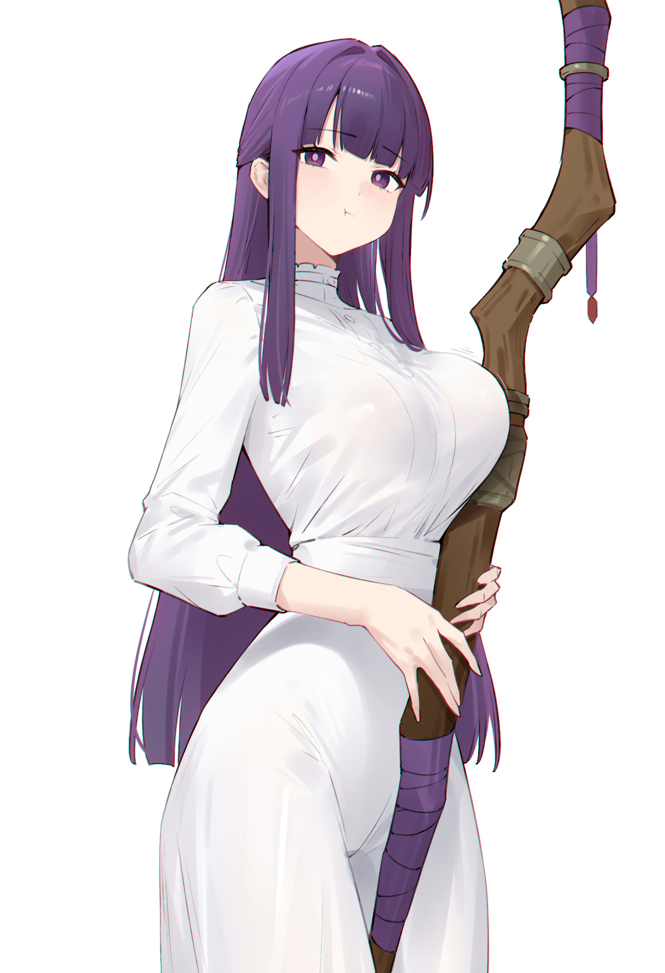 1girls, 95 (jiuwujiang), blunt bangs, breasts, dress, female, female only, fern (sousou no frieren), highres, holding, holding staff, large breasts, long hair, long sleeves, pout, purple eyes, purple hair, sidelocks, simple background, solo, sousou no frieren, staff, straight hair, very long hair, white background, white dress