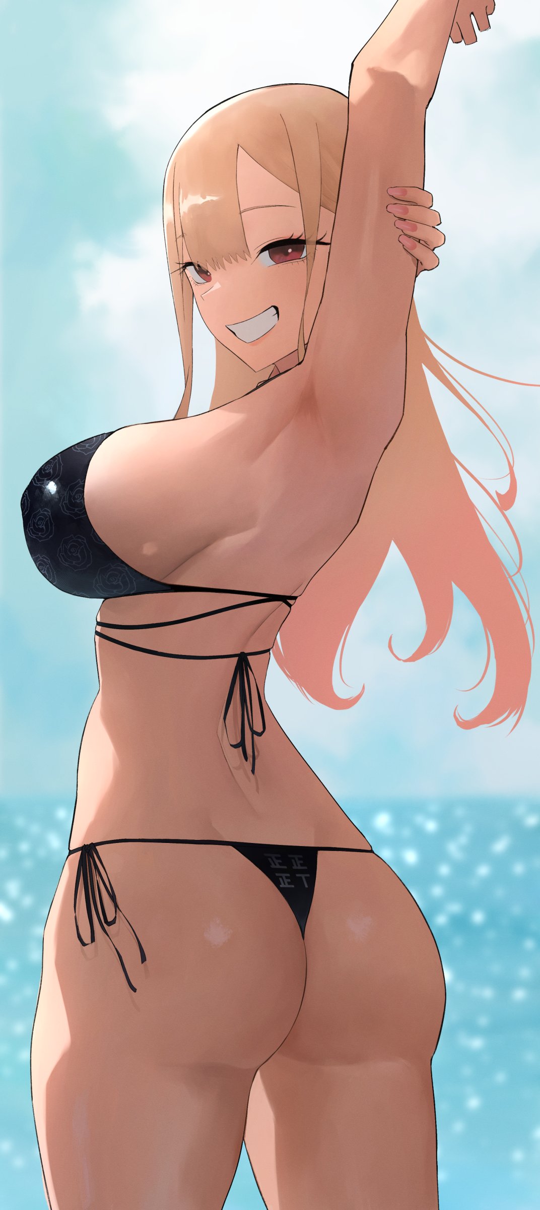 1girls, absurdres, armpits, arms up, ass, back, bikini, black bikini, blonde hair, blurry, blurry background, breasts, clenched teeth, eyelashes, female, female only, floral print, from behind, gradient hair, gyaru, hazuki kazue, highres, holding own arm, kitagawa marin, large breasts, lips, long hair, looking at viewer, looking back, multicolored hair, nail polish, ocean, pink nails, print bikini, red eyes, side-tie bikini bottom, solo, sono bisque doll wa koi wo suru, string bikini, swimsuit, teeth
