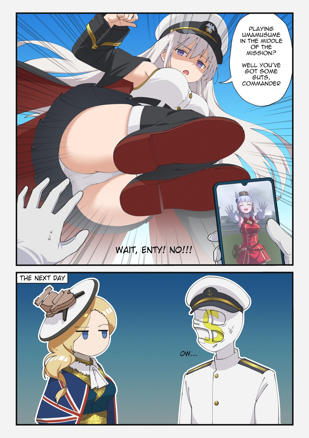1boy, 2girls, ass, azur lane, blonde hair, blue eyes, breasts, cellphone, cg, comic, english text, enterprise (azur lane), gloves, gold ship (umamusume), hat, holding phone, hood (azur lane), large breasts, long hair, military, military uniform, multiple girls, panties, peaked cap, phone, purple eyes, skirt, smartphone, thighhighs, umamusume, umamusume pretty derby, underwear, uniform, union jack, white gloves, white hair, white panties