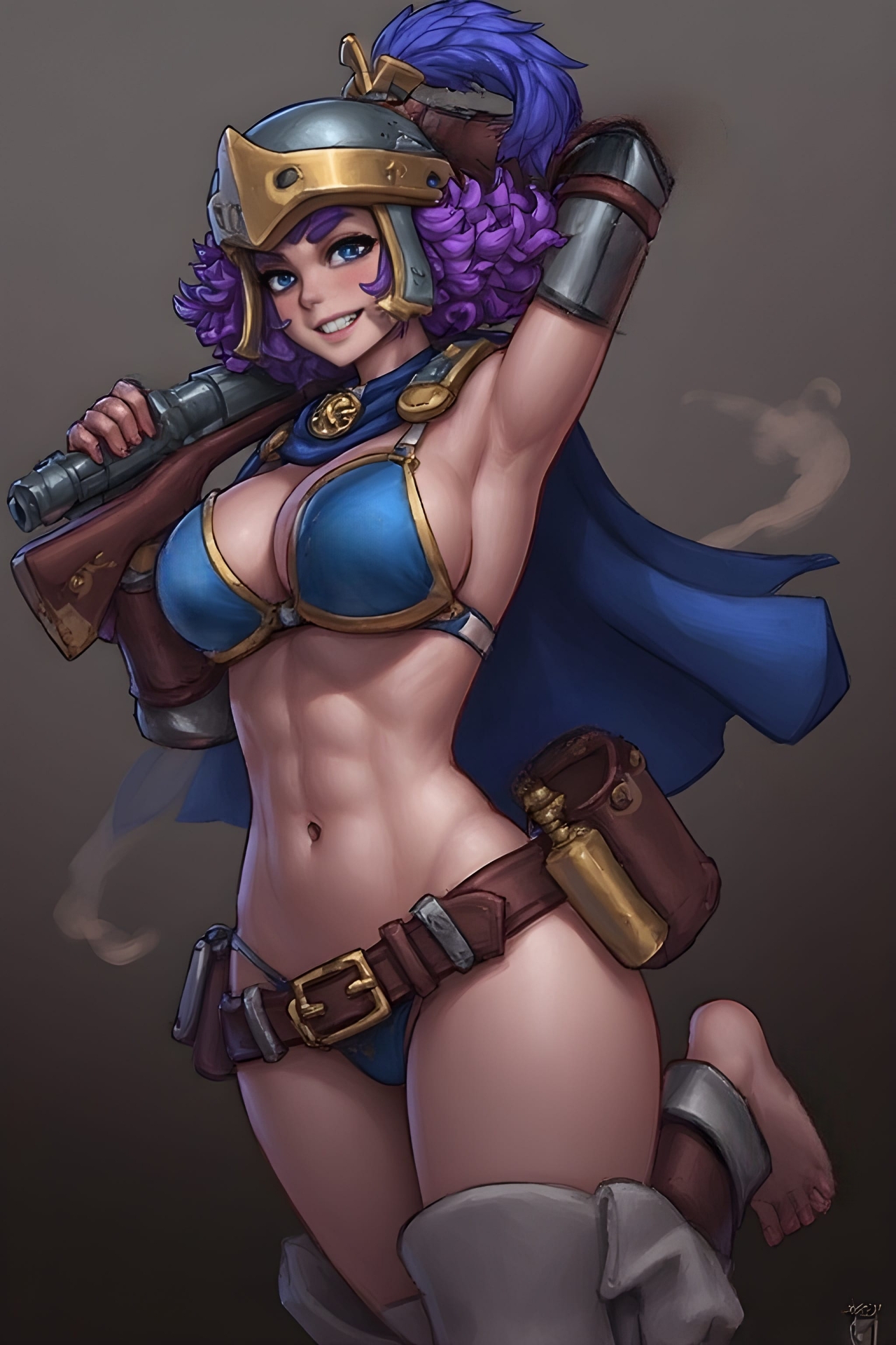 abs, ai generated, armpits, arule234, ass, belly, belly button, belt, big ass, big breasts, bra, breasts, clash (series), clash royale, female, gun, helmet, hips, musketeer (clash royale), purple hair, sexy, sideboob, smile, underwear