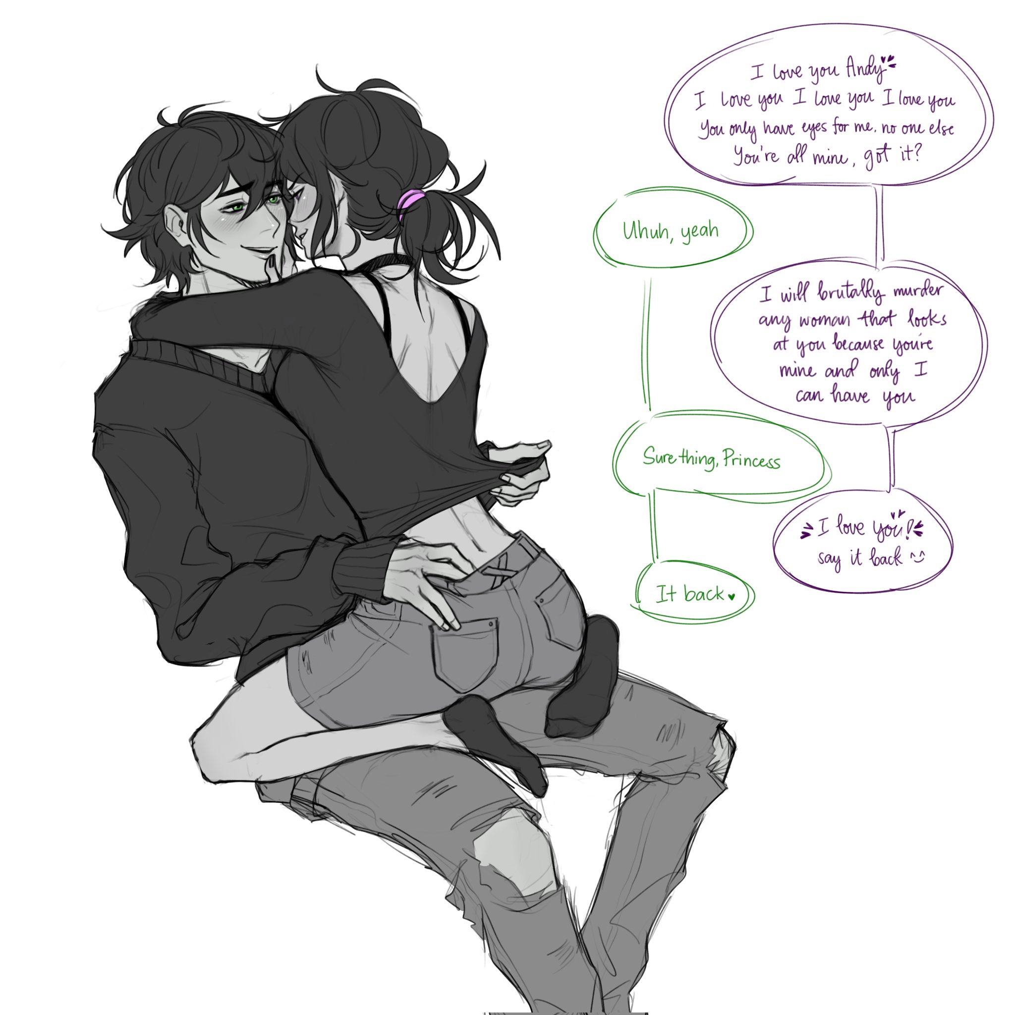 1boy, 1girls, 2d, andrew graves, arms around partner, arms wrapped around partner, ashley graves, ass, black hair, blush, brother and sister, choker, clothed, couple, dialogue, embrace, english text, eye contact, female, green eyes, groping, hand on cheek, hug, in love, incest, looking at each other, male, pink eyes, ponytail, romance, romantic, romantic couple, siblings, sinnabnnuy, sister wife, sitting, sitting on lap, sitting on person, spread legs, straight, teasing, the coffin of andy and leyley, yandere, yanincest