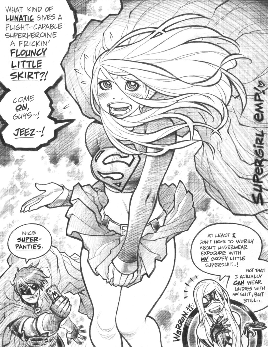 10s 2010s 2011 adam_warren alien alien_girl blush cosplay dark_horse dark_horse_comics dc dc_comics elissa_megan_powers embarassed embarrassed embarrassed_nude_female embarrassing empowered empowered_(series) enf english_text female female_only humiliation miniskirt monochrome photografic_proof sci-fi science_fiction scifi short_skirt skirt solo solo_female supergirl_(cosplay) text