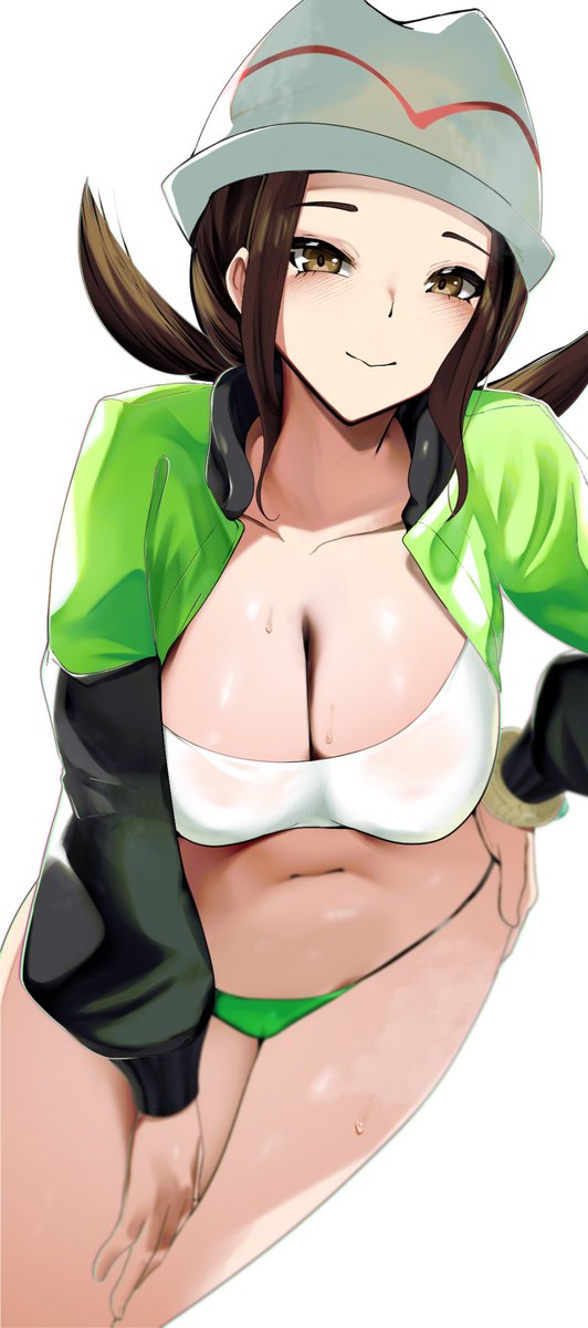 1girls, bikini, breasts, brown eyes, brown hair, cleavage, closed mouth, female, female only, game freak, green jacket, harmony (pokemon), hat, highres, jacket, large breasts, looking at viewer, navel, nintendo, open clothes, open jacket, pokemon, seika (pokemon), smile, stomach, sweat, sweatdrop, swimsuit, white background, white hat, yuuyuu (yuuki1771)