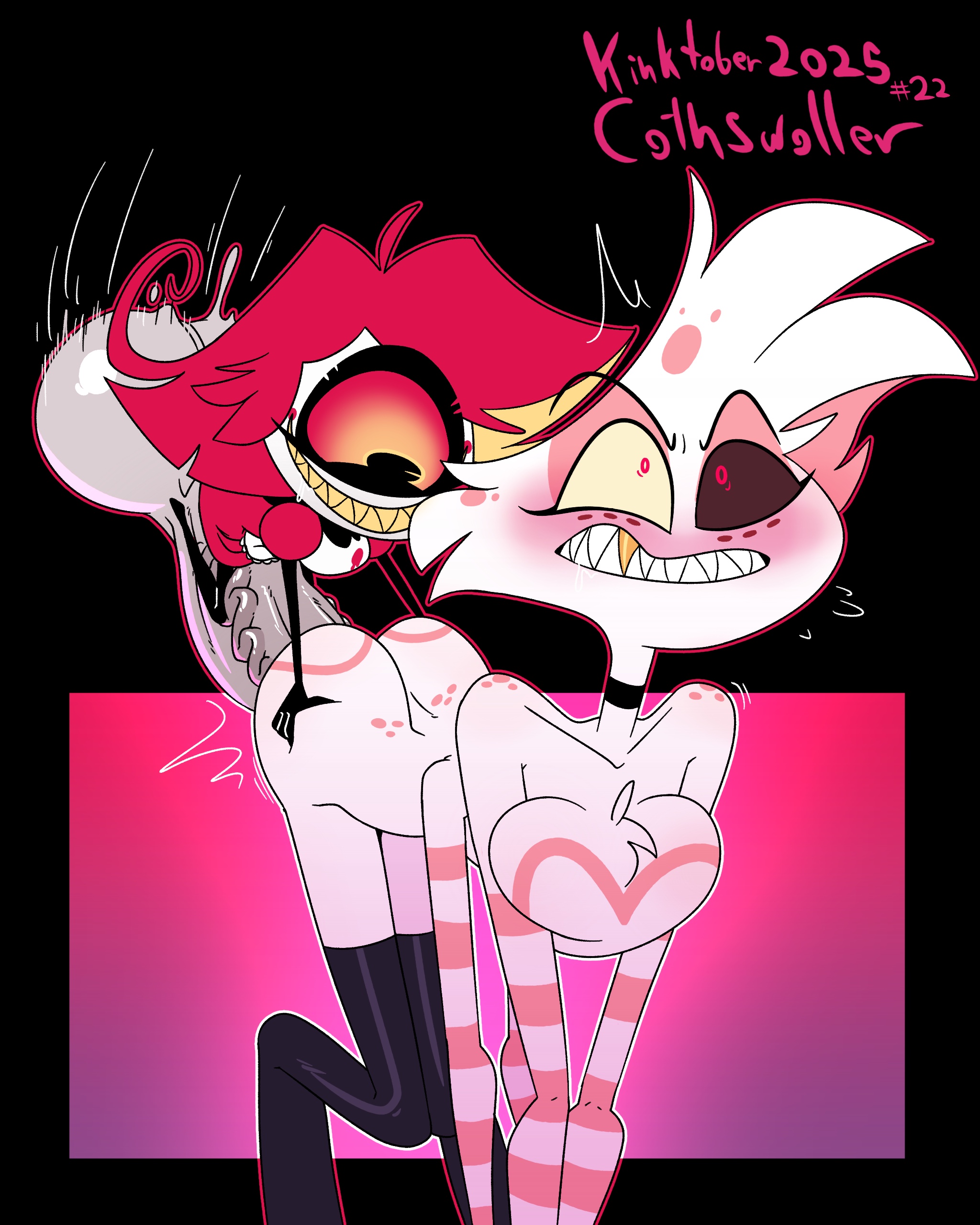 1boy, 1futa, 2025, anal, angel dust (hazbin hotel), ass, ass grab, blush, choker, cothswoller, demon, futa on male, futanari, gloves, hazbin hotel, hyper, hyper penis, kinktober, maid, niffty, nude, orange hair, penis, pink fur, red eyes, red hair, sharp teeth, short hair, signature, size difference, small but hung, small dom big sub, smile, stockings, vivienne medrano, white fur, white skin