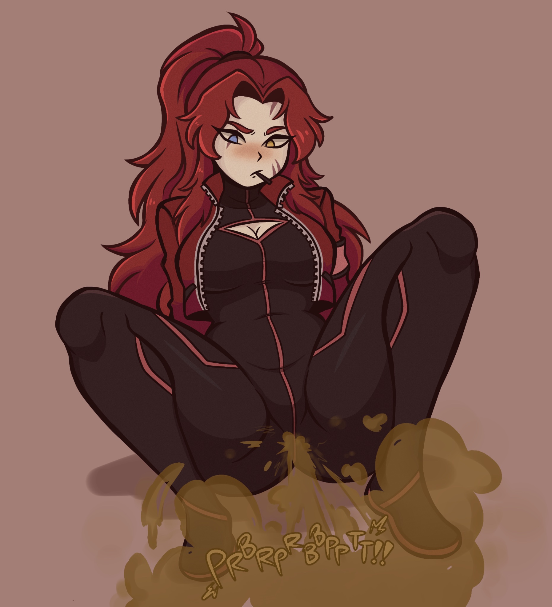 blue eyes, fart, fart cloud, fart fetish, female, gebura (lobotomy corporation), heterochromia, lobotomy corporation, multicolored eyes, project moon, red hair