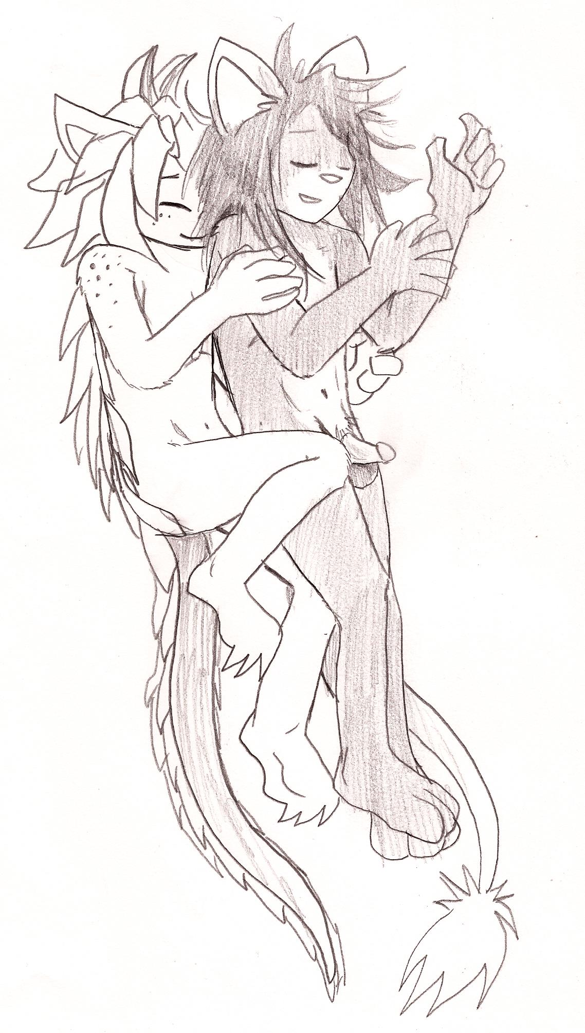 2013 closed_eyes cuddling gay hair long_hair male nude pangolin penis pubes raiettei_(artist) sketch unknown_species