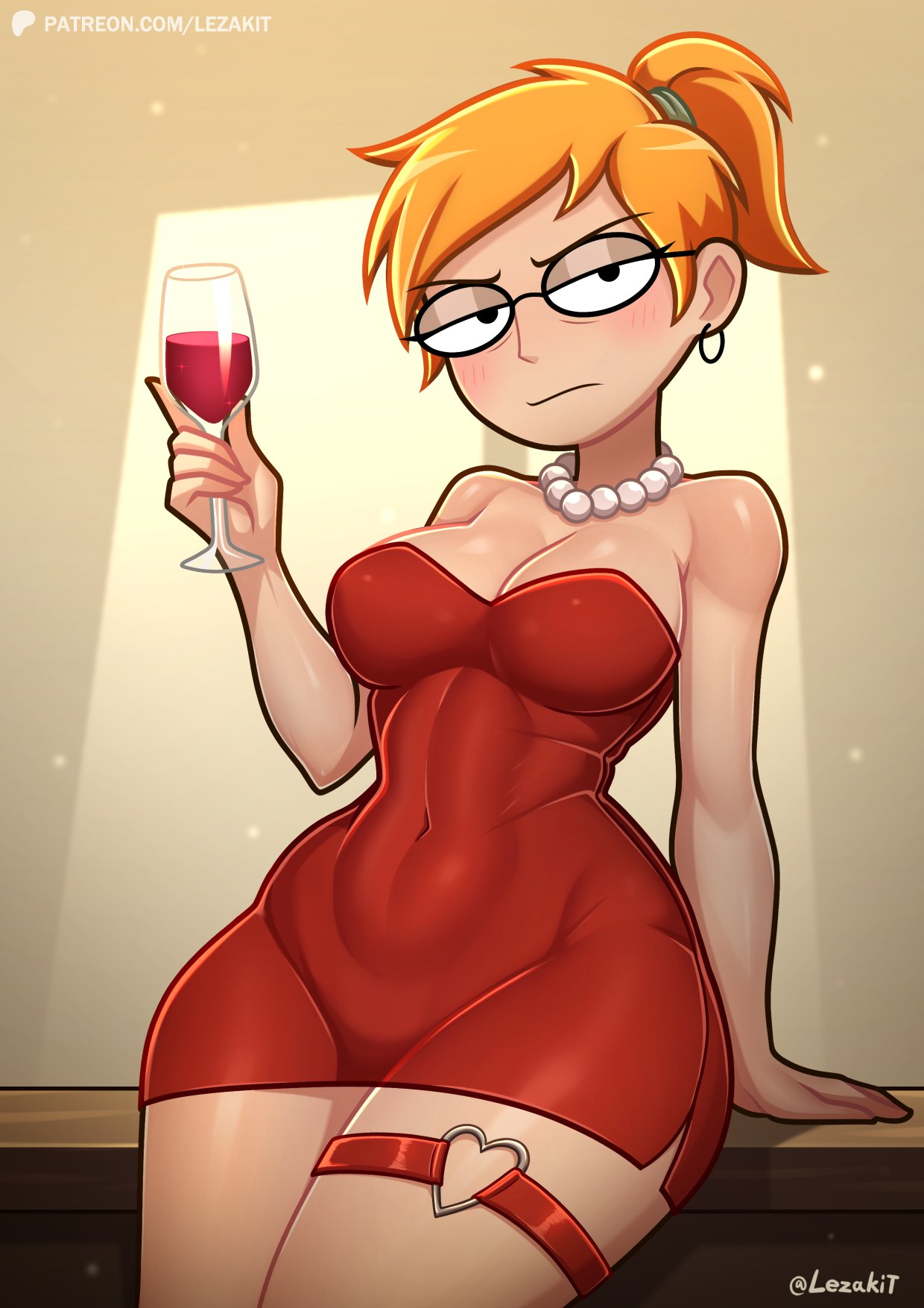 1girls, adult swim, angry, annoyed expression, earrings, female, female focus, female only, garter belt, lezaki-thefatlizard, light skin, orange hair, pearl necklace, red dress, sitting, sitting on table, smiling friends, solo, solo female, solo focus, tight clothes, tight clothing, tight dress, wine, zoey (smiling friends)