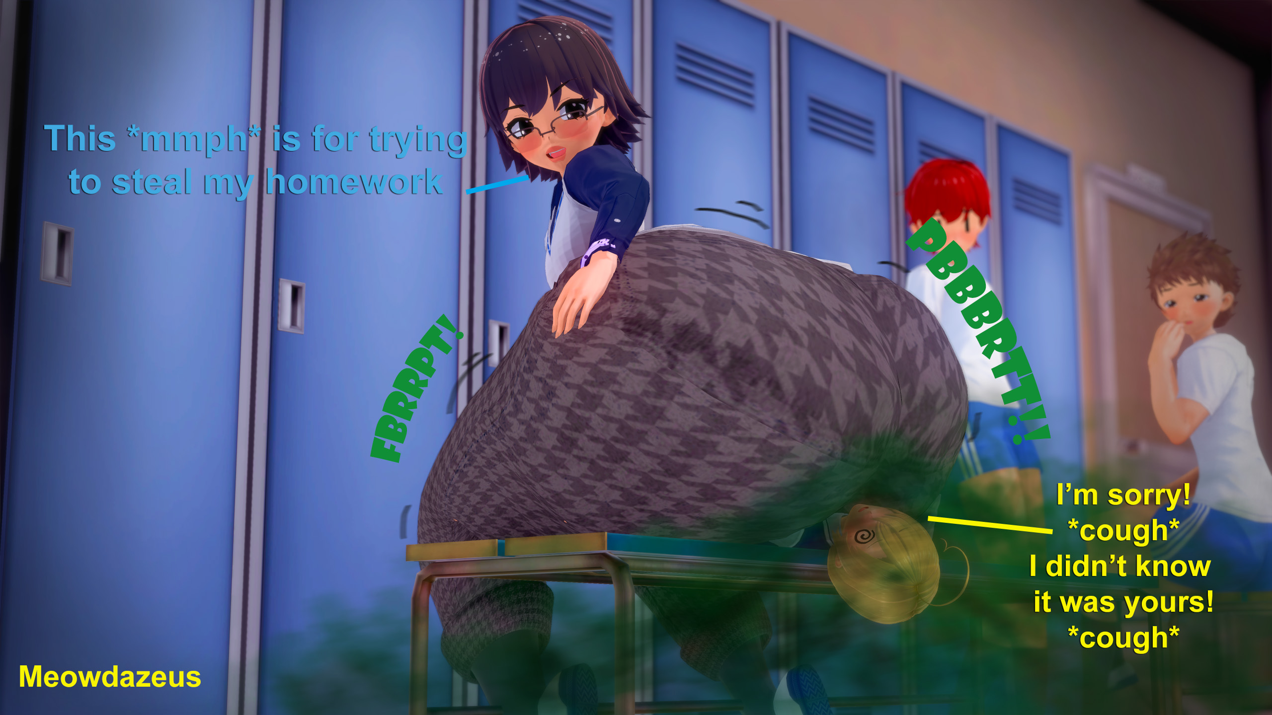 1boy, 1femboy, adventures of shirou, big ass, black hair, clothed, enjoying farting, facesitting, facesitting through clothes, fart, fart fetish, fart torture, farting, farting in face, farting on another, farting on face, farts, femboy, giant ass, glasses, hojo (meowdazeus), huge ass, locker room, lockers, male, male fart, meowdazeus, movement lines, shirou (meowdazeus), text, yellow hair