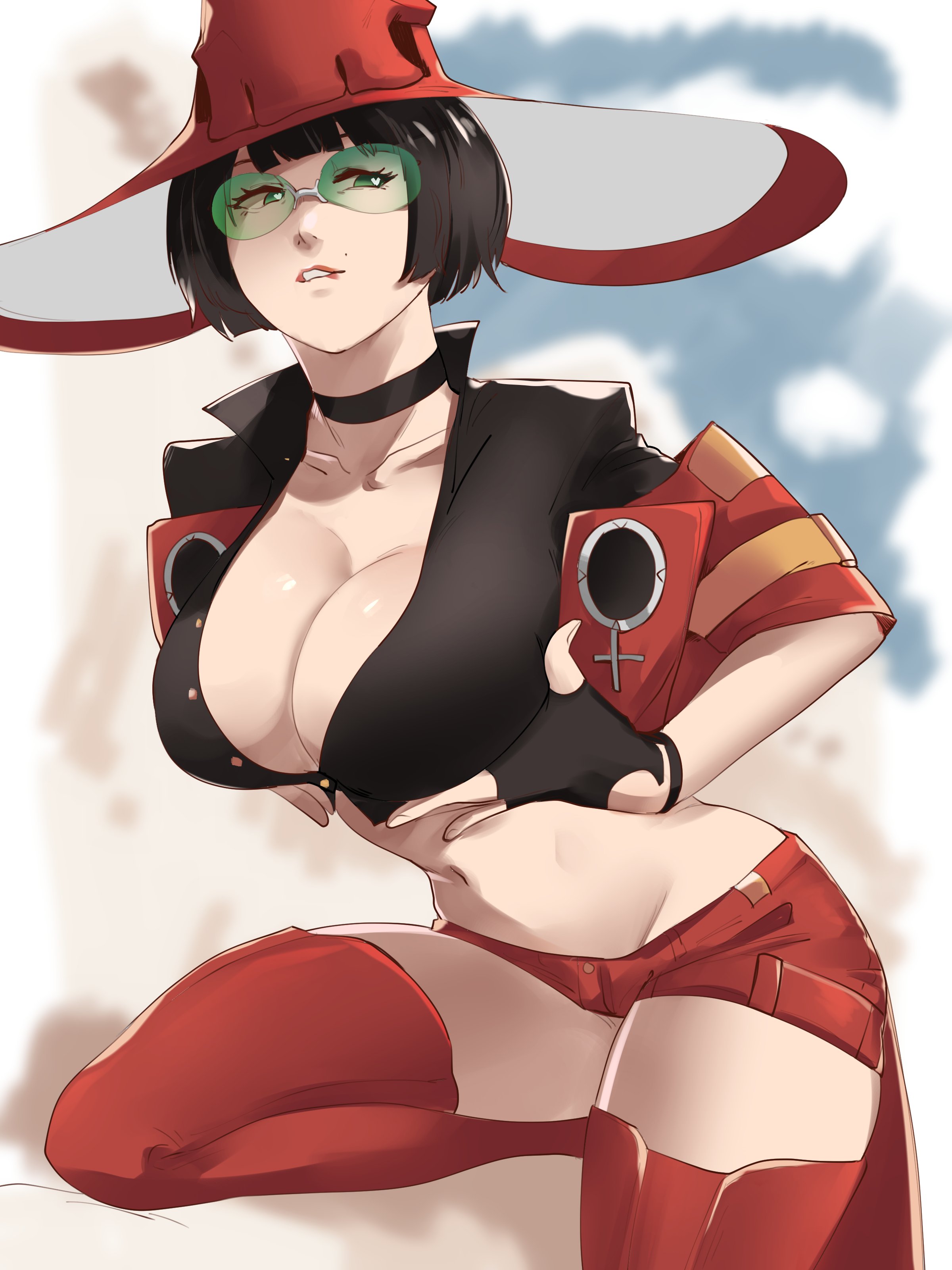 absurdres, biting lip, black hair, bob cut, breasts, choker, cleavage, collarbone, crop top, female, female only, fingerless gloves, glasses, gloves, grabbing another's breast, green eyes, green-tinted eyewear, groping, guilty gear, guilty gear strive, hat, highres, i-no, large breasts, midriff, mole, mole above mouth, mole under eye, navel, skullworms, solo, stomach, sunglasses, thighhighs, tinted eyewear, witch hat