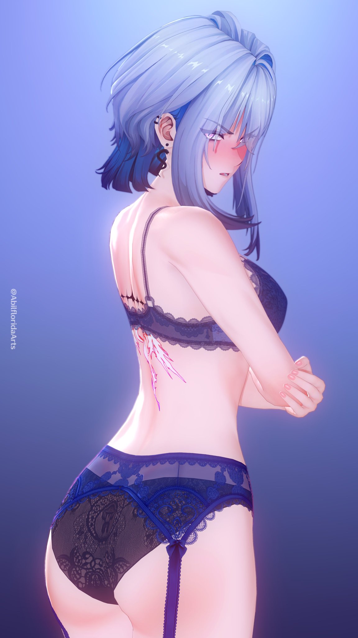 1girl, 1girls, 2026, 3d, 3d (artwork), abilfloridaarts, angry, angry expression, artist name, ass, bangs, black panties, blue hair, blue lingerie, blushing, breasts, crossed arms, earrings, female, galbrena (wuthering waves), garter straps, jpeg, light skin, lingerie, looking at viewer, looking back, open mouth, partially clothed, pink eyes, short hair, standing, tagme, white skin, wuthering waves