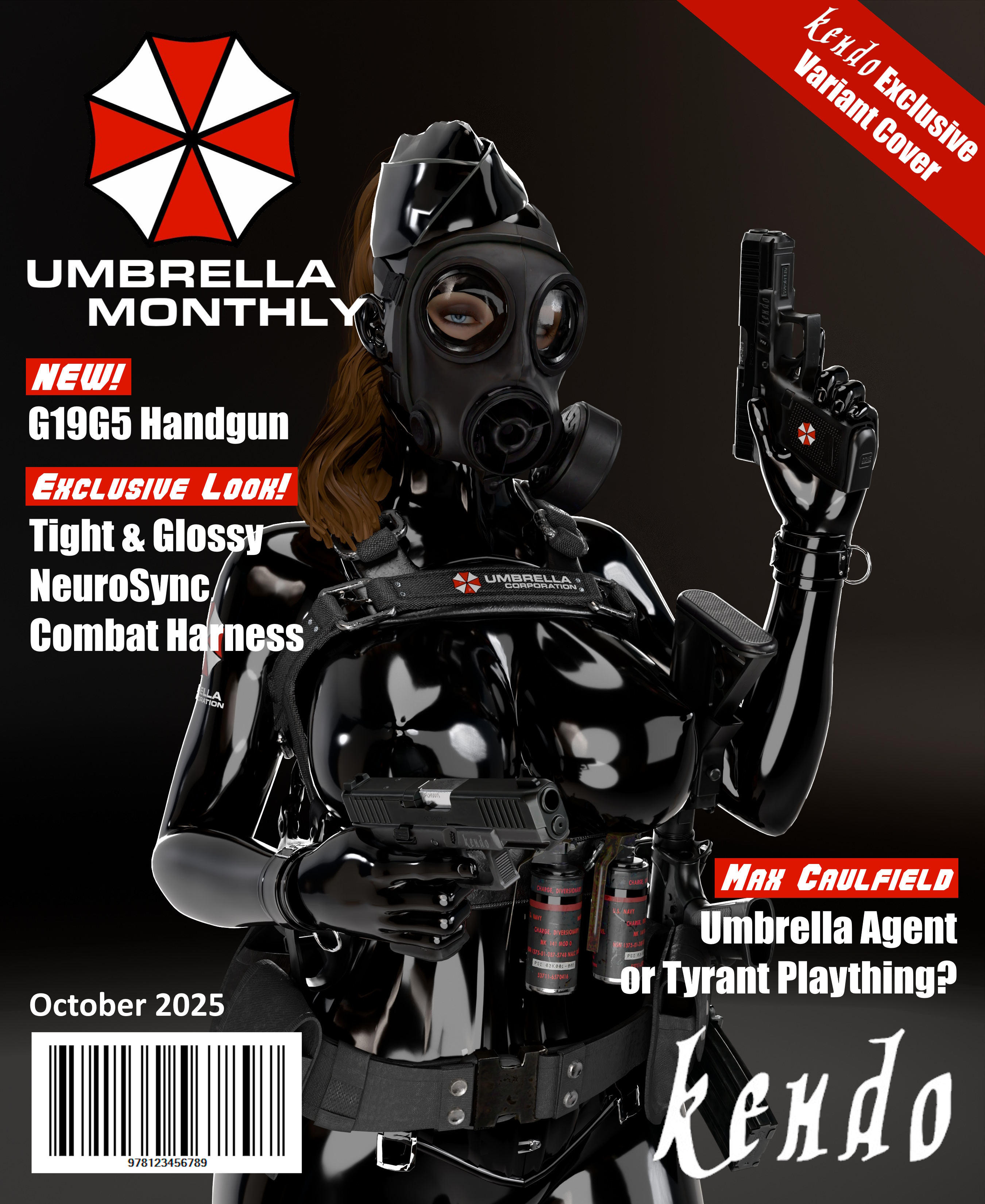 3d, blender, brown hair, clothed female, corset, crossover, cuff (restraint), english text, female, female only, garrison cap, gas mask, gun holster, hi res, high resolution, holster, latex, latex clothing, latex hood, latex suit, life is strange, life is strange: double exposure, magazine cover, max caulfield, max caulfield (double exposure), neck corset, nipple bulge, pistol, ponytail, resident evil, rubber, shiny clothes, skyebunny, tactical gear, text, tight clothing, umbrella corporation