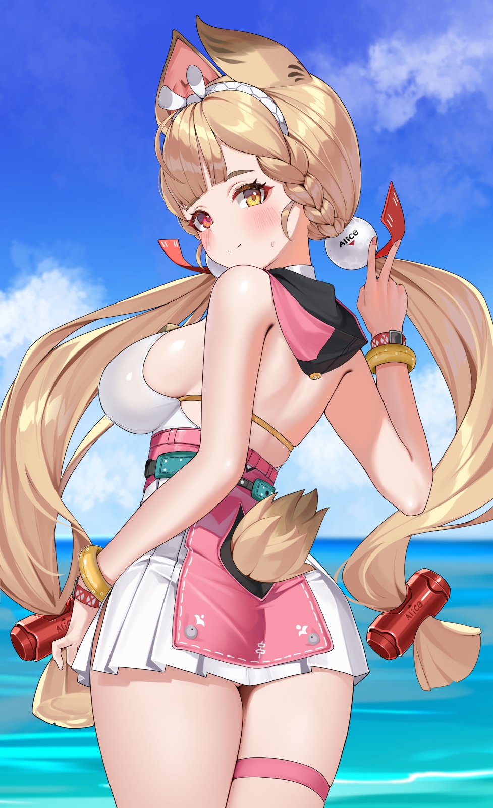 1girls, alice thymefield, alice thymefield (sea of thyme), animal ears, animal tail, ass, blonde, blonde female, blonde hair, blonde hair female, blonde-haired female, blue sky, blush, blush lines, blushing, braid, breasts, cloud, commentary request, day, female, female only, fingernails, hair ornament, heterochromia, highres, kemonomimi, large breasts, long hair, looking at viewer, looking back, low twintails, matrix16, ocean, official alternate costume, outdoors, rabbit ears, rabbit girl, rabbit humanoid, rabbit tail, red eyes, sideboob, sky, sole female, solo, sphere hair ornament, swimsuit, tail, thigh strap, thighs, twintails, v, yellow eyes, zenless zone zero