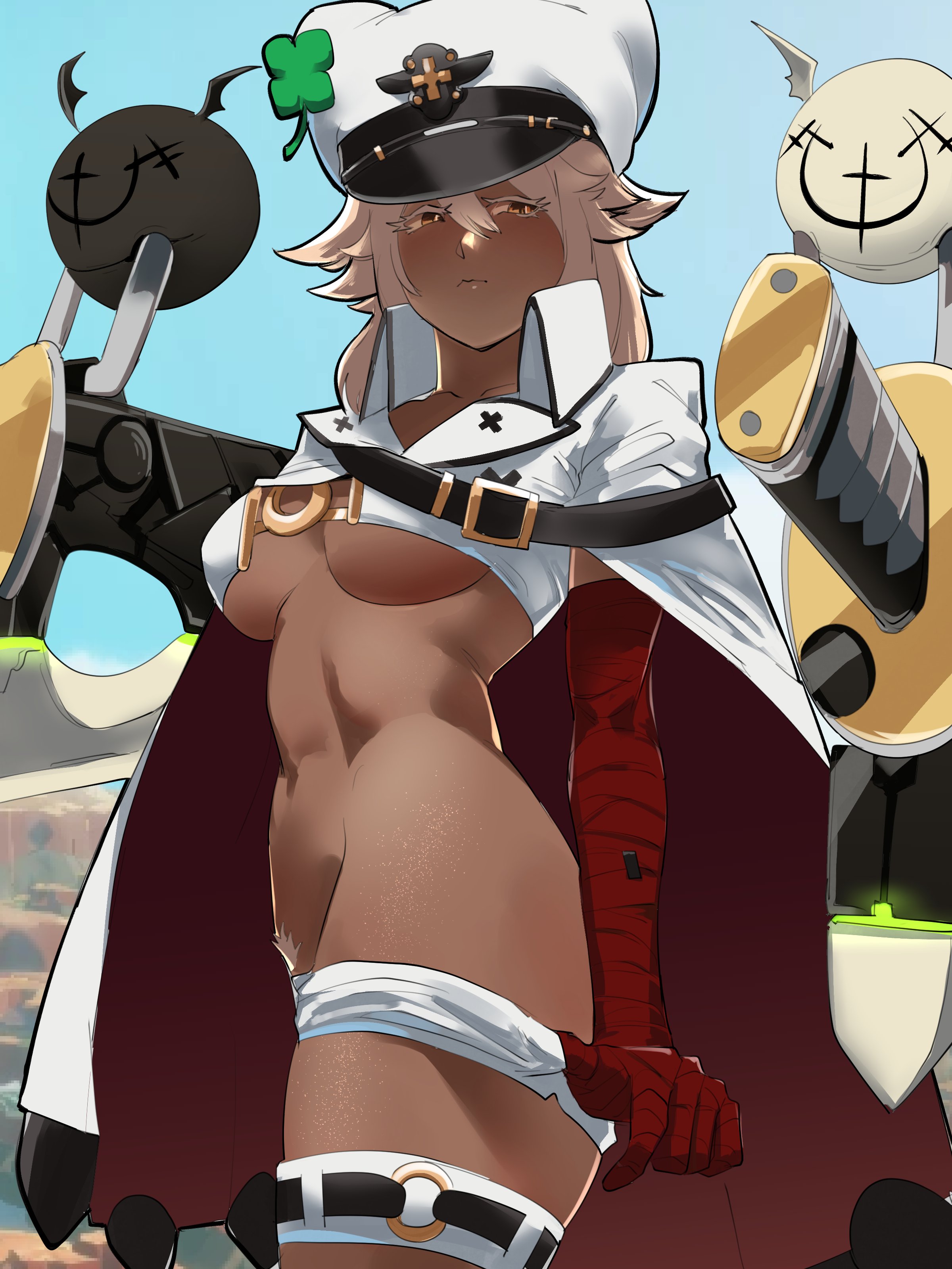 absurdres, bandages, belt, belt bra, breasts, cape, clover, crop top, dark skin, dark-skinned female, feet out of frame, female, female only, female pubic hair, four-leaf clover, from side, gloves, guilty gear, guilty gear strive, hair between eyes, hair over one eye, hat, highres, long hair, midriff, multiple belts, navel, platinum blonde hair, pubic hair, pulling own clothes, ramlethal valentine, shaded face, skindentation, skullworms, solo, stomach, sword, thick thighs, thigh strap, thighs, underboob, weapon, white cape, white gloves, yellow eyes