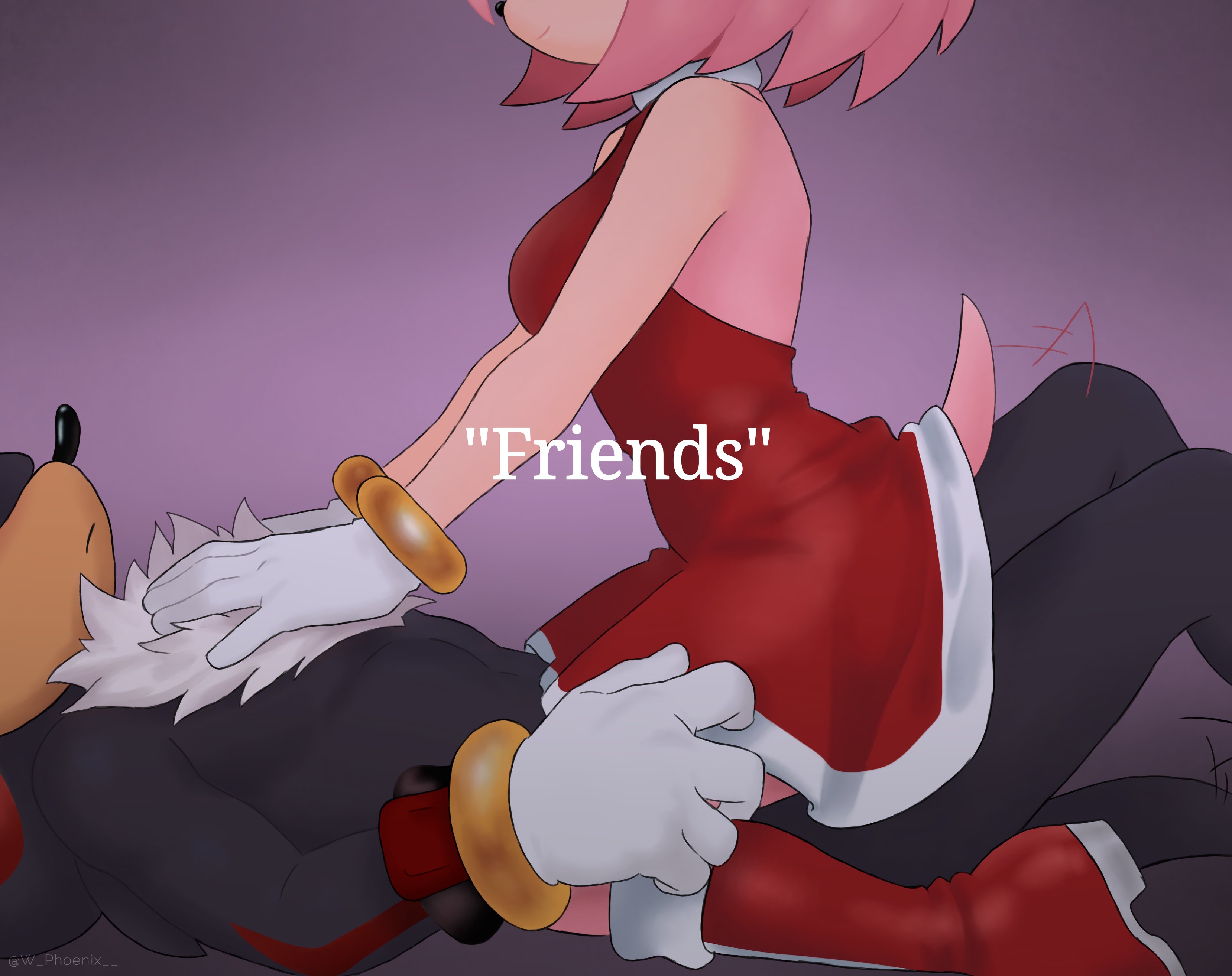 1boy, 1girls, amy rose, animal ears, animal nose, anthro, backless dress, backless outfit, bare back, bare shoulders, black bodysuit, black fur, black pants, body fur, boots, bracelet, breasts, closed mouth, clothing, cowgirl position, dress, english text, female, friends, friends with benefits, furry, furry female, furry male, furry with furry, furry with non-furry, gloves, gold bracelet, hand on another's chest, hands on another's chest, hedgehog tail, implied penetration, implied sex, interspecies, jewelry, knee boots, looking at another, lying, male, medium breasts, multicolored fur, not porn, on back, pink fur, pink hair, red dress, red footwear, red fur, sfw, shadow the hedgehog, short dress, short hair, sitting, sitting on person, sleeveless, sleeveless dress, smile, snout, sonic (series), sonic the hedgehog (series), straddling, straight, tail, tail through clothes, tail wagging, text, two-tone fur, w phoenix  , white fur, white gloves, white phoenix, yellow fur