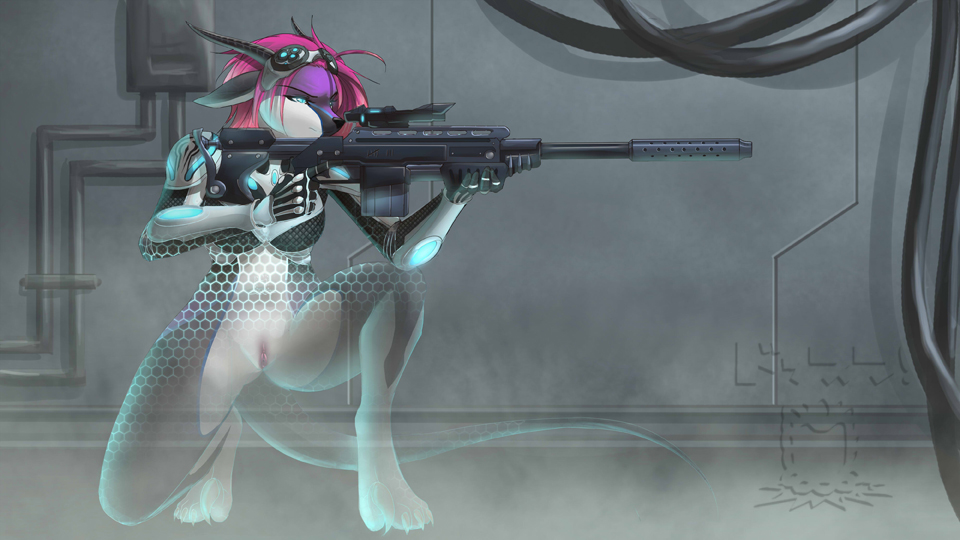 anthro bottomless cloaking crouching dossun female gun horn pussy ranged_weapon rifle sci-fi skimpy solo technology unknown_species weapon