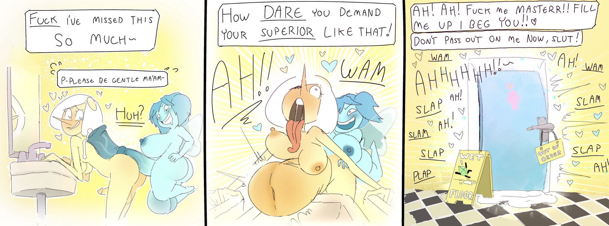 2futas, anal, anal sex, balls, bathroom, big breasts, breakfast (gnausea), breasts, bulge, cock, comic page, cum, cum drip, cum on floor, dialogue, female, fucked from behind, futa is bigger, futa is smaller, futa on futa, futanari, gemsona, genitals, horsecock, huge boobs, huge breasts, huge cock, intersex, mari (joe bobcat), nipples, oogabutt, penis, sex, steven universe, stomach bulge, tongue, tongue out, wings, yuri